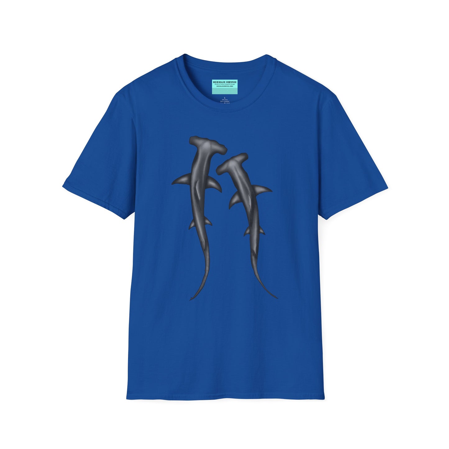 Royal blue t-shirt featuring an illustration of two hammerhead sharks.