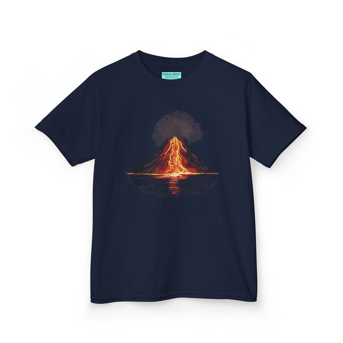 A navy kid's t-shirt featuring a fiery illustration of an erupting volcano—because even the most explosive adventures start with a great outfit!