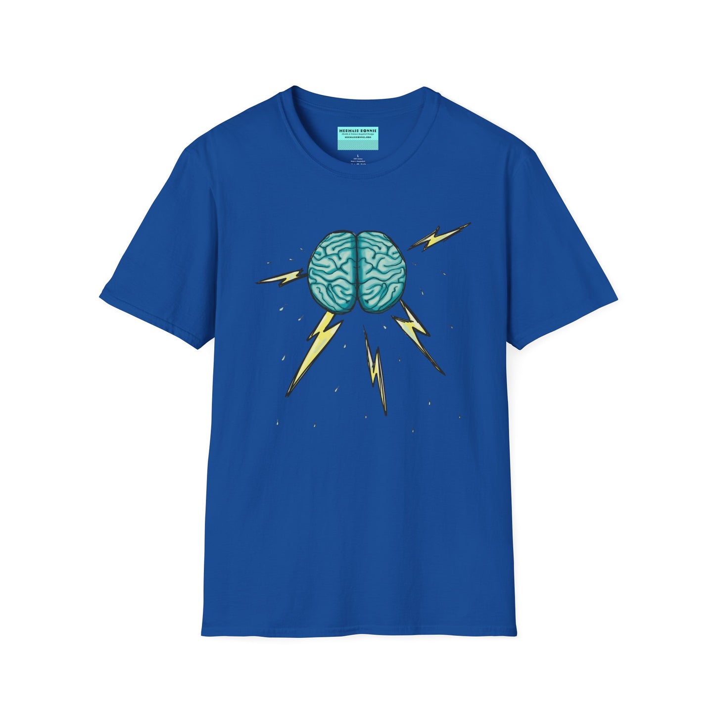 Royal blue unisex short sleeve tee featuring an illustration of a brain with lightning bolts and rain pouring from it, giving a literal twist to the term "brainstorm"—because sometimes, even the best ideas need a little weathering!