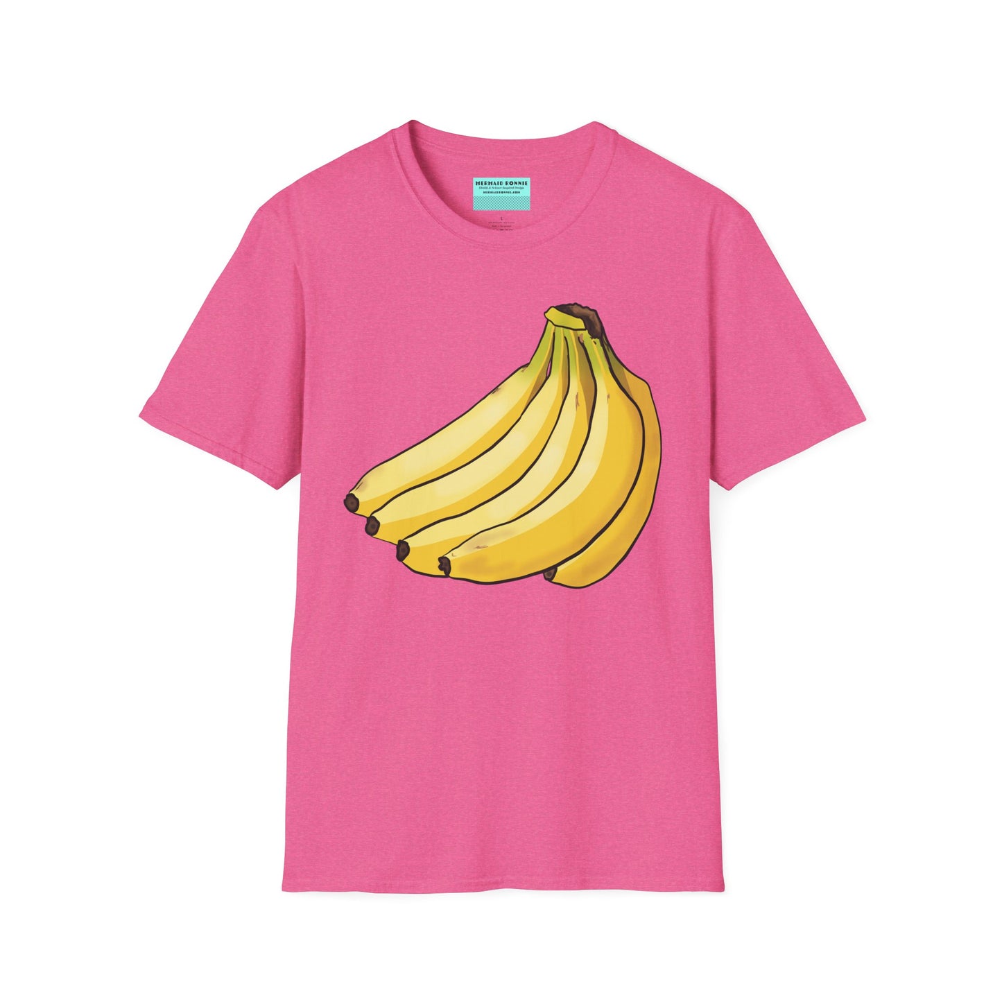 Pink t-shirt featuring an illustration of a bunch of bananas.