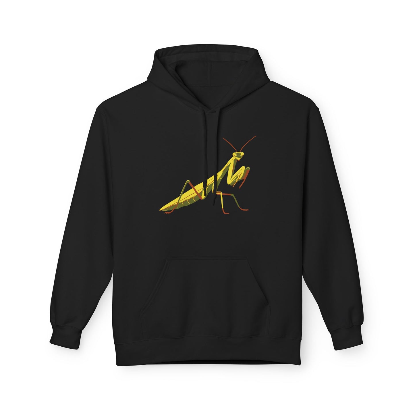 A black unisex pullover hoodie featuring a striking illustration of a yellow and green praying mantis—because sometimes, you need to channel your inner insect warrior while staying cozy.