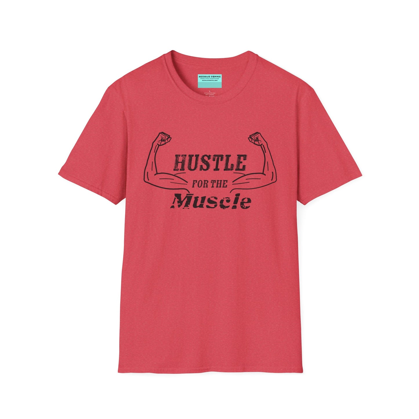 Red unisex short sleeve t-shirt with a bold graphic of strong, flexed feminine arms and the empowering phrase "Hustle for the Muscle"—because strength is stylish and lifting is for everyone.