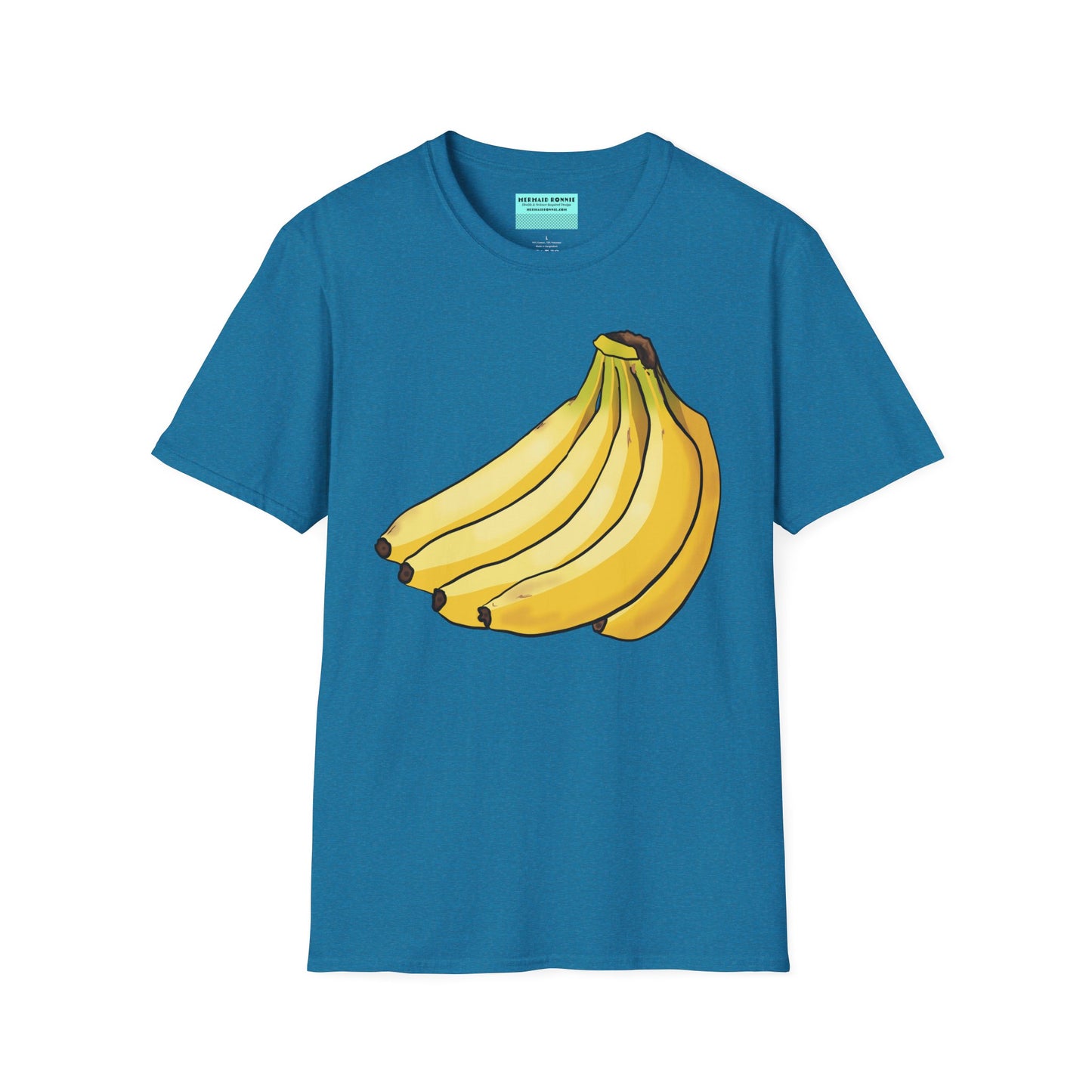 Tropical blue t-shirt featuring an illustration of a bunch of bananas.