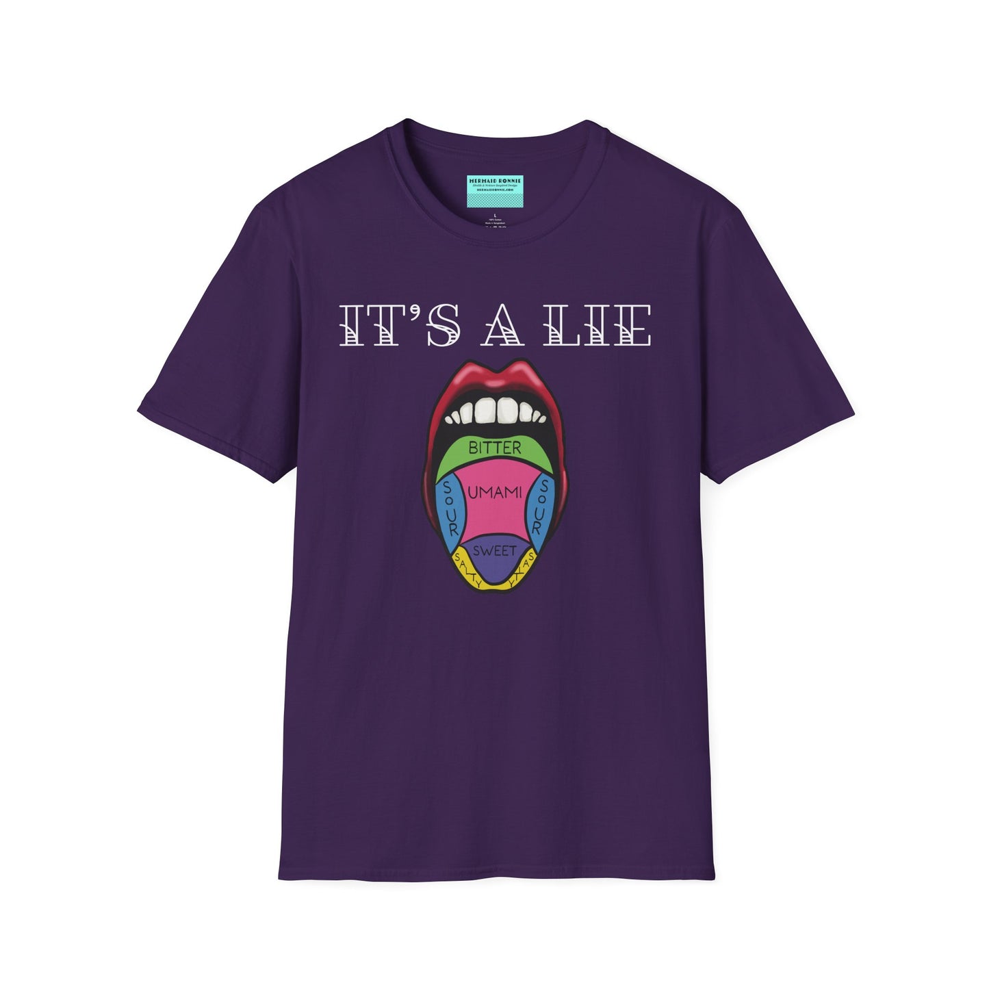 Purple short-sleeve unisex t-shirt featuring a classic tongue taste map with the words “It’s a lie” boldly above it—busting the myth that different parts of your tongue taste different things. Sweet, salty, sour, bitter? Taste buds don’t discriminate!