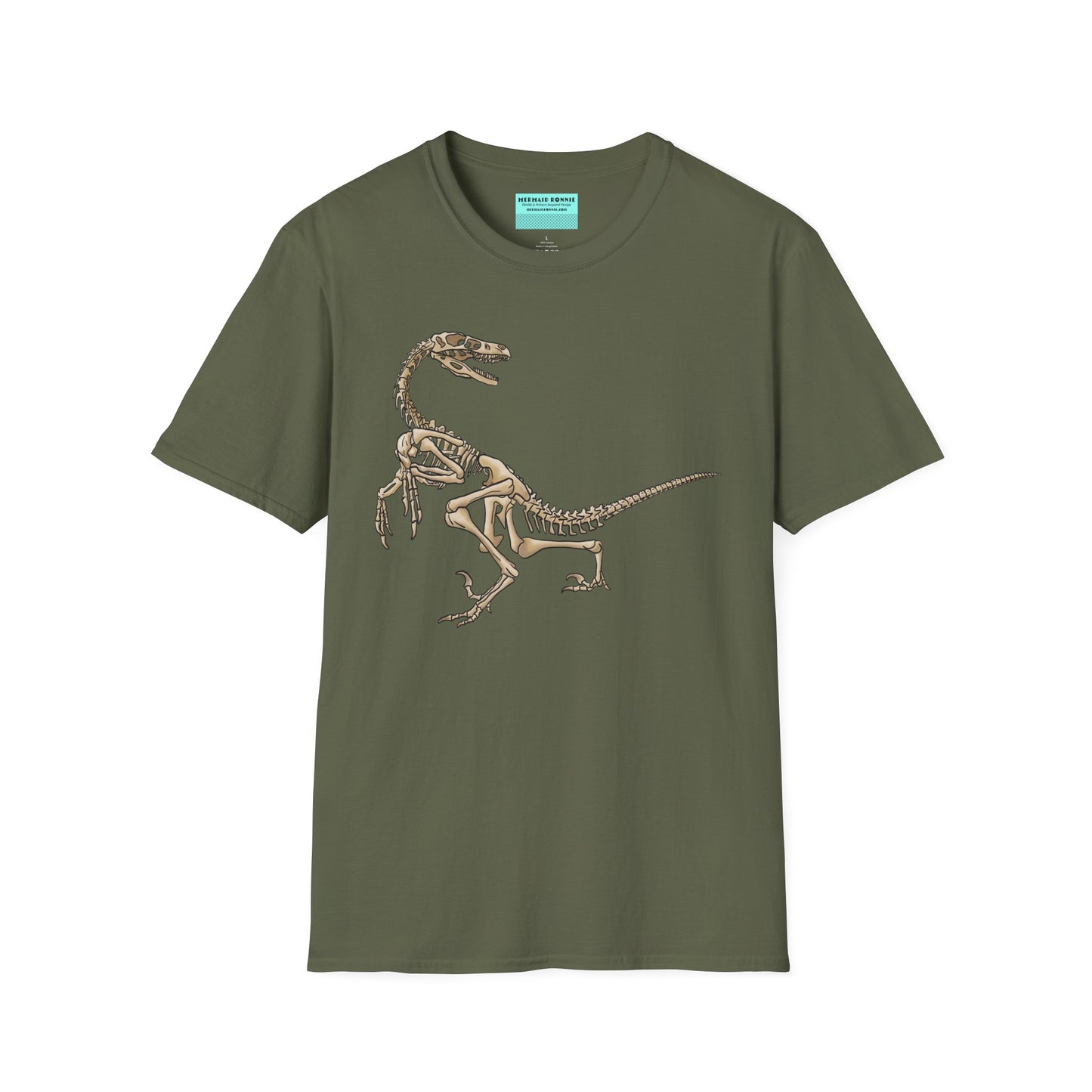 Military green unisex short sleeve t-shirt with a fierce velociraptor skeleton strutting across the chest—because who says extinct can’t be stylish?