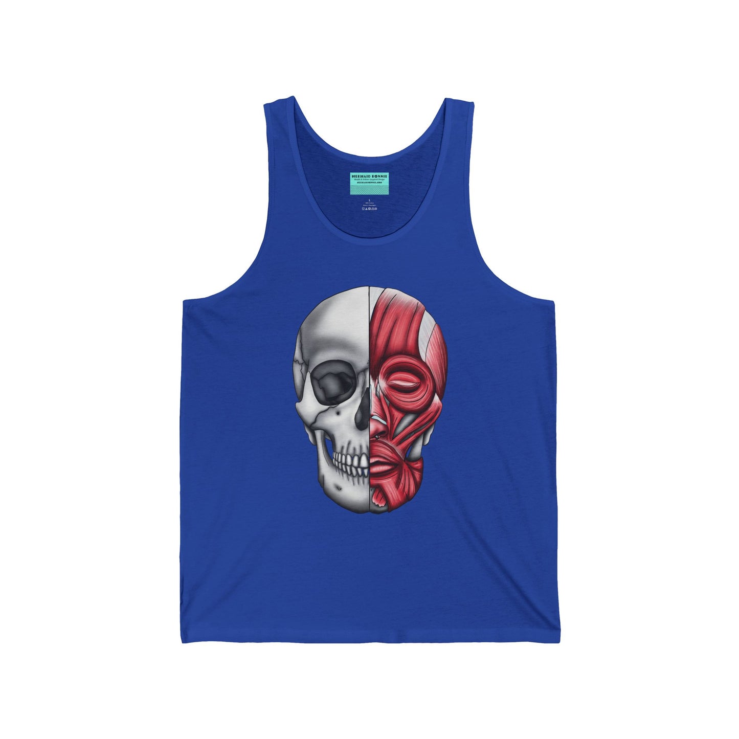 A royal blue unisex adult tank top with a detailed anatomical skull, half showing the bones and the other half revealing the facial muscles—because who doesn’t want to wear a little “muscle” with their style?