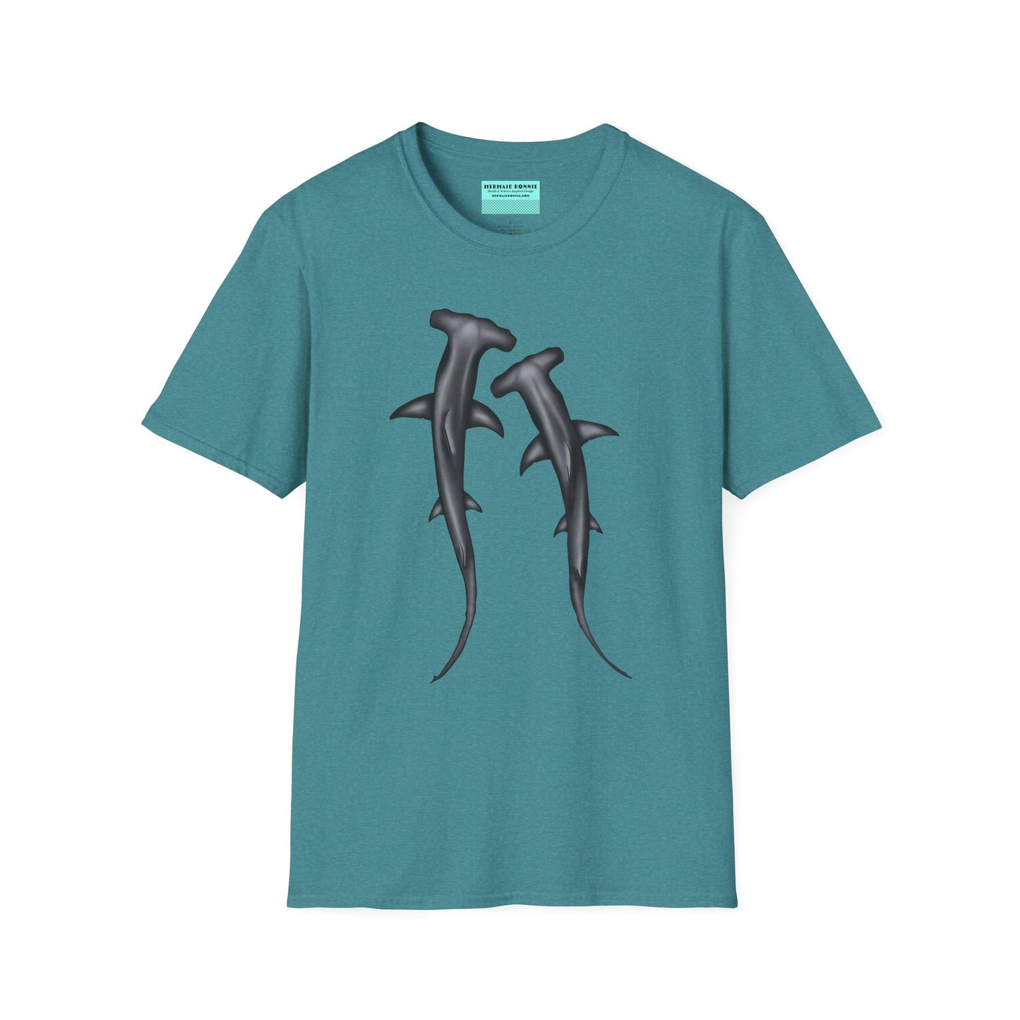 Tropical blue t-shirt featuring an illustration of two hammerhead sharks.