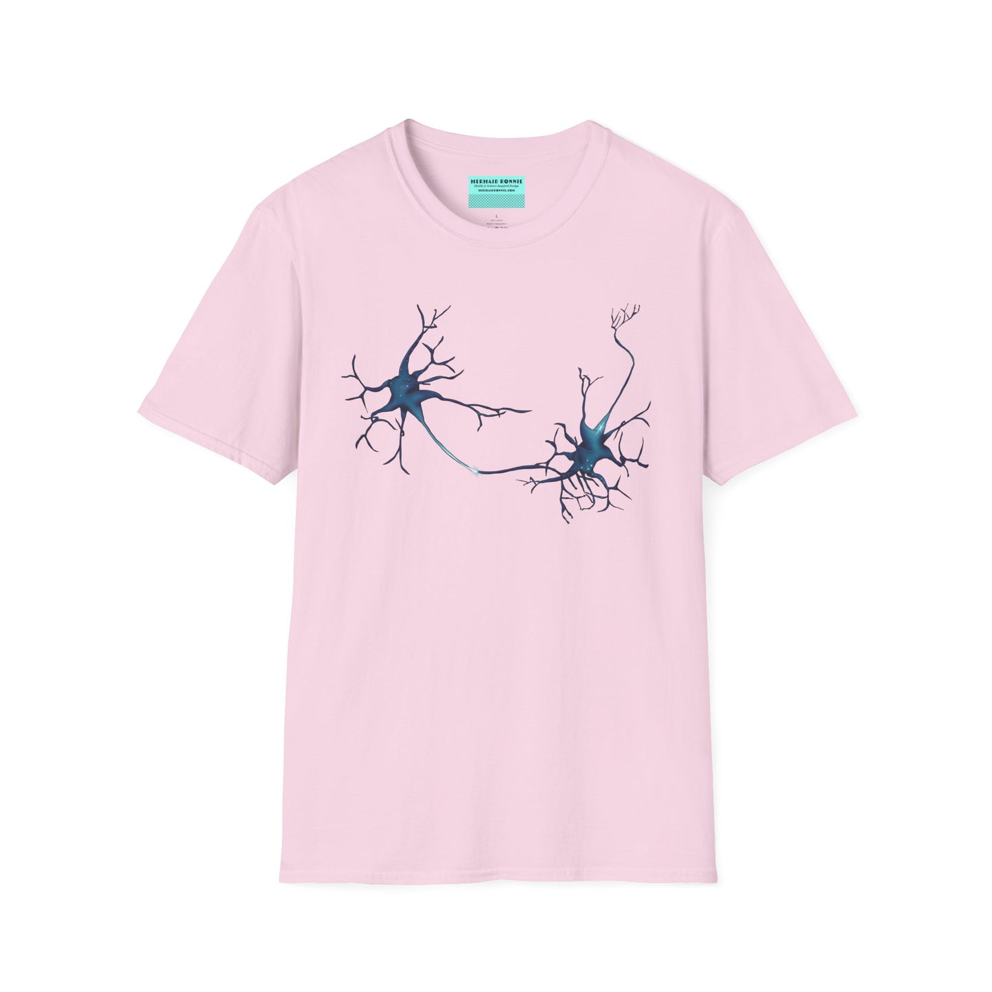 Light pink t-shirt featuring an illustration of two blue neurons extending toward each other and forming a synapse across the front.