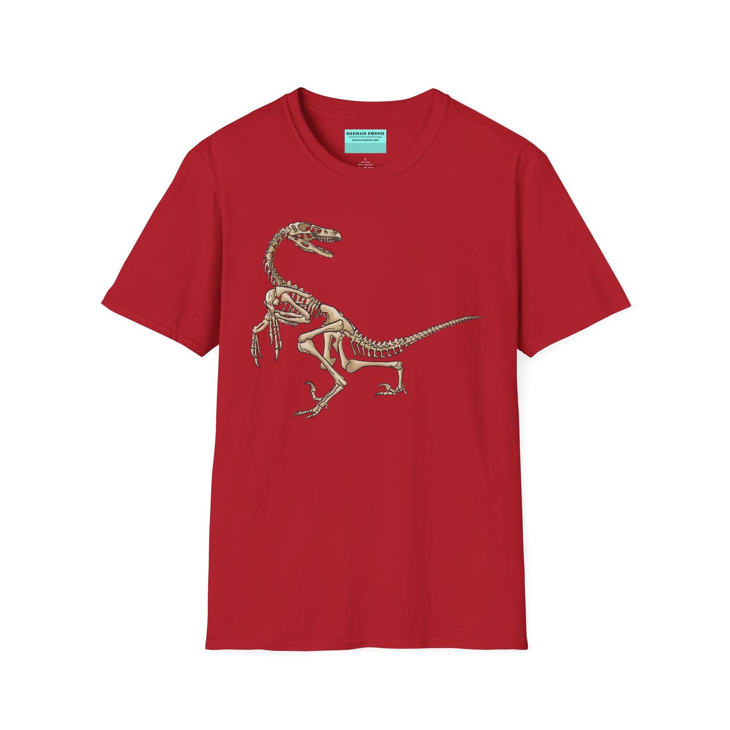 Red unisex short sleeve t-shirt with a fierce velociraptor skeleton strutting across the chest—because who says extinct can’t be stylish?