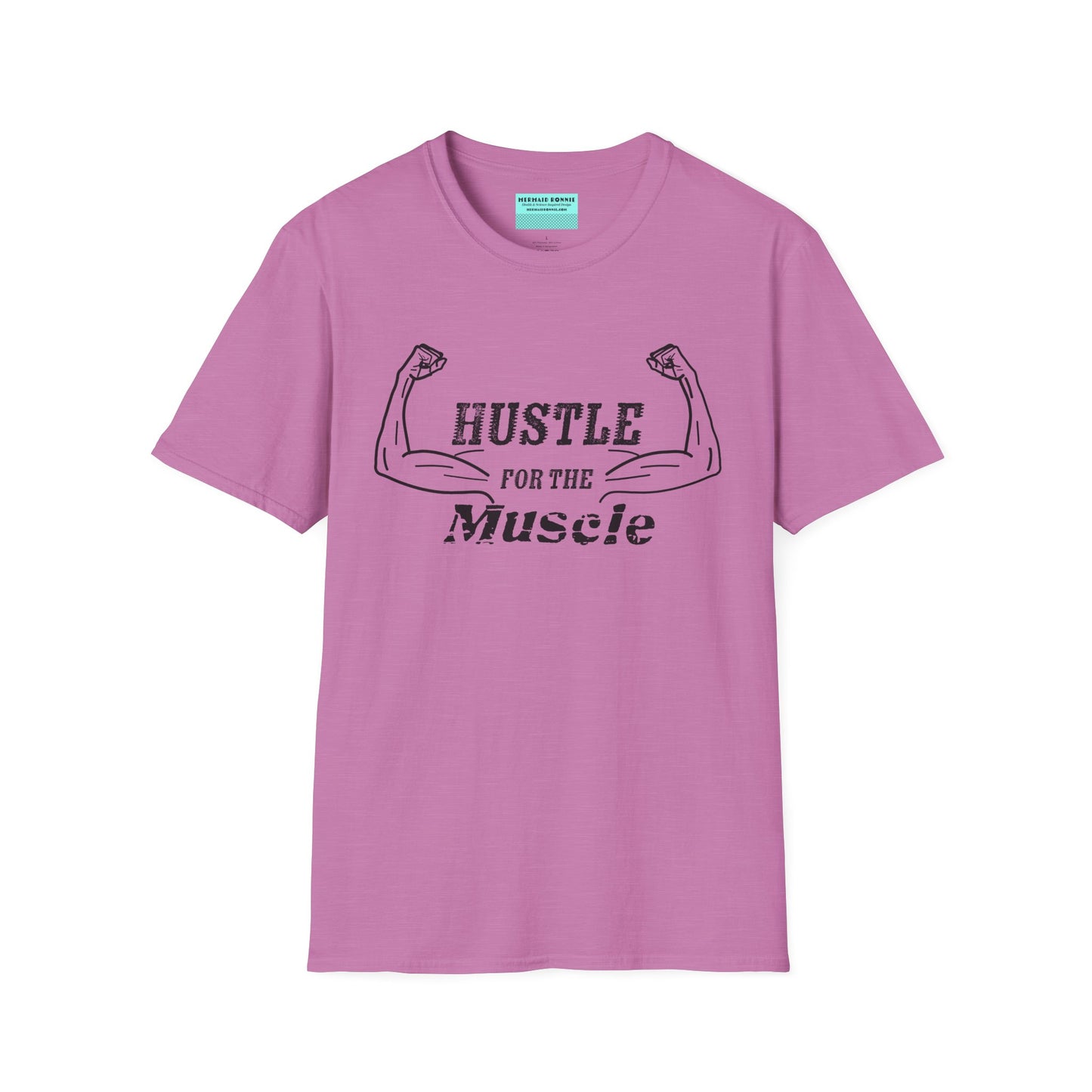 Light purple unisex short sleeve t-shirt with a bold graphic of strong, flexed feminine arms and the empowering phrase "Hustle for the Muscle"—because strength is stylish and lifting is for everyone.