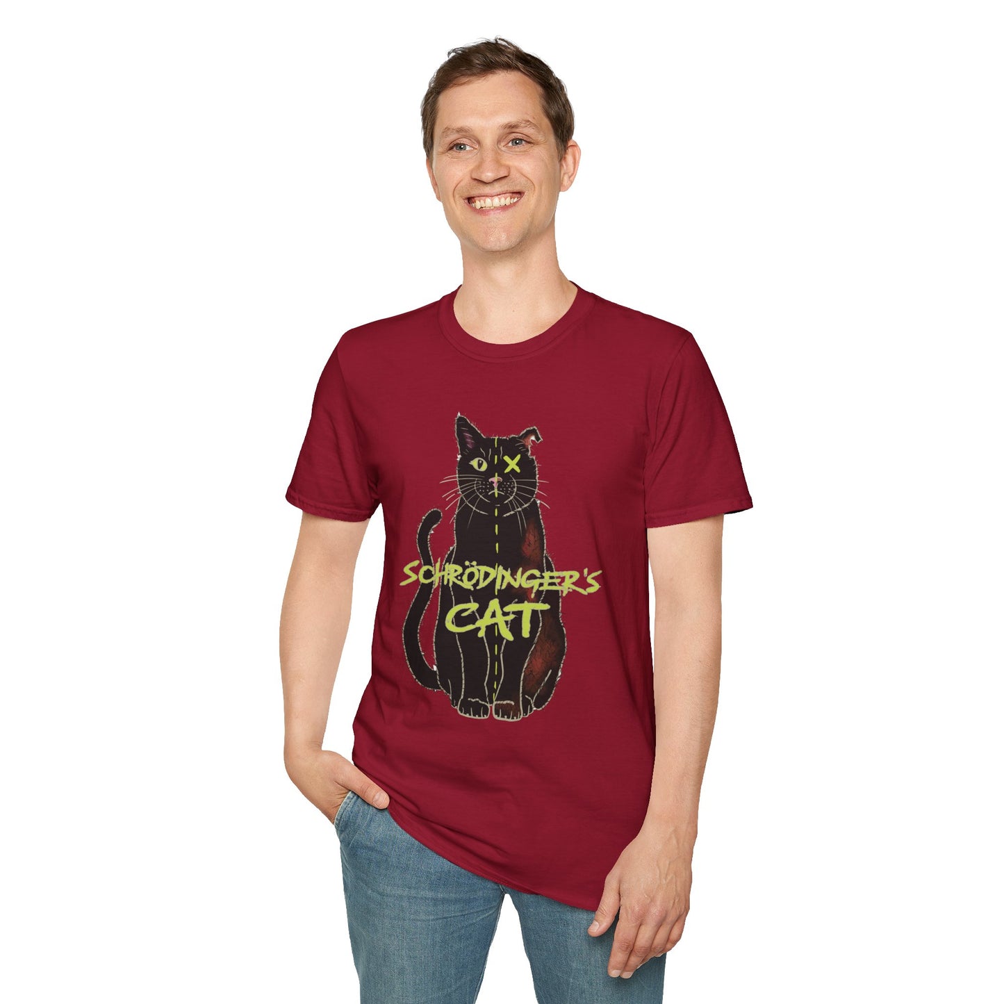 Man wearing a red unisex short-sleeve tee featuring the infamous Schrödinger’s cat—half-alive, half-dead, and fully committed to quantum confusion. The feline paradox lounges proudly beneath the words "Schrödinger's Cat," because science jokes are both alive and kicking and six feet under.