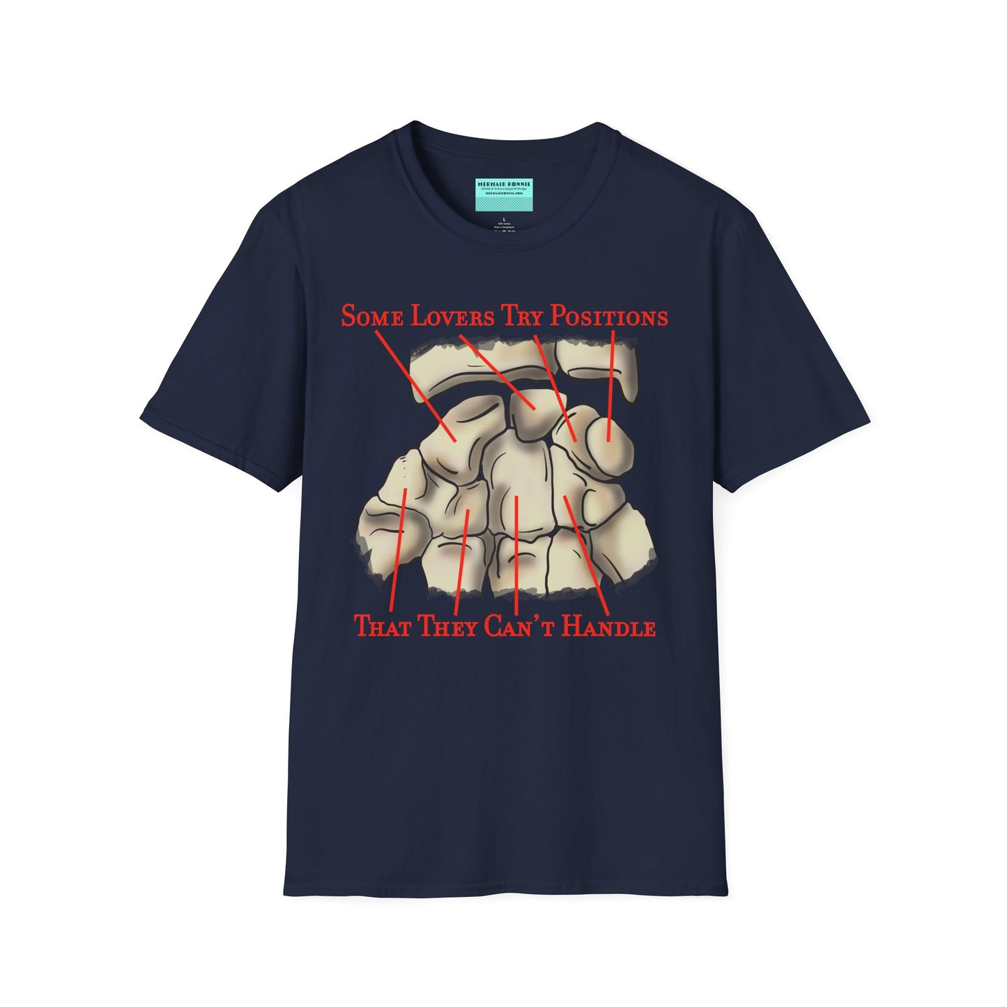 Navy t-shirt featuring an anatomical drawing of the carpal bones, with the mnemonic 'Some lovers try positions that they can't handle' displayed.