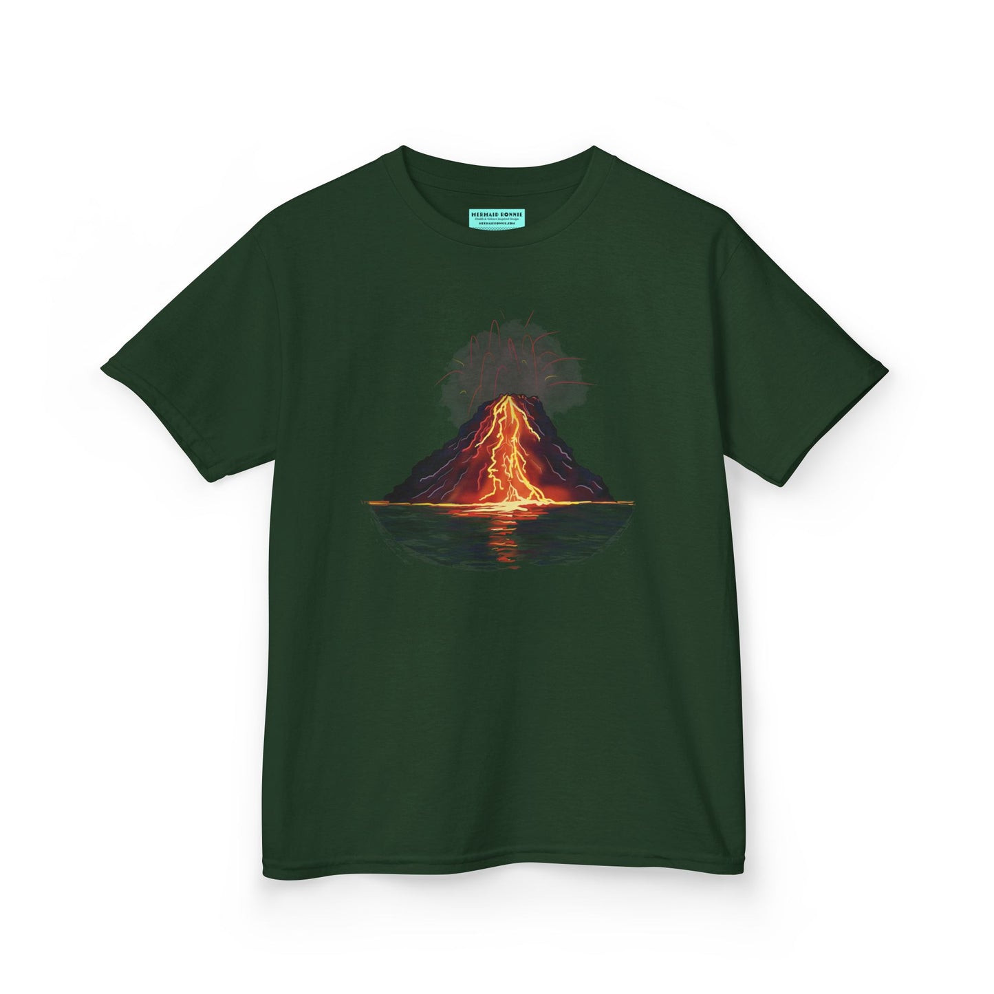 A forest green kid's t-shirt featuring a fiery illustration of an erupting volcano—because even the most explosive adventures start with a great outfit!