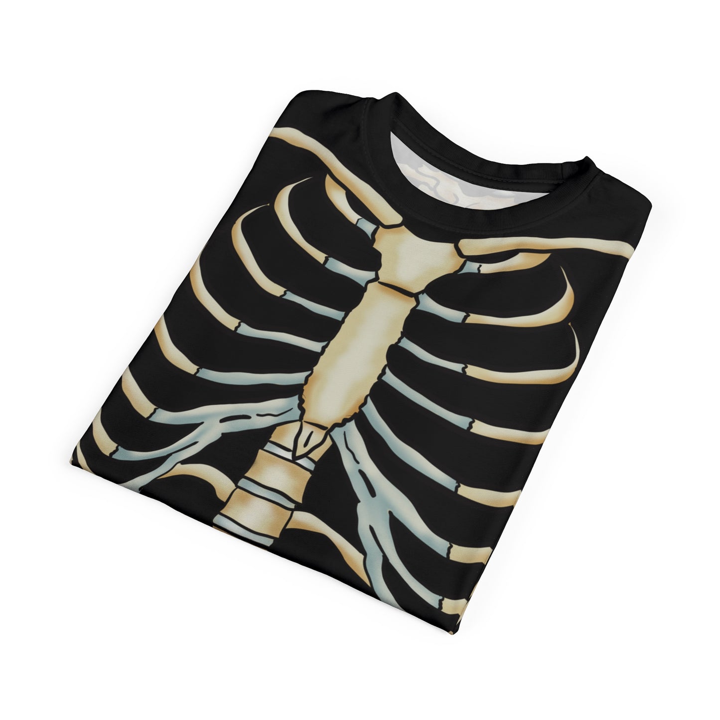 Folded unisex black athletic t-shirt with a detailed anatomical skeleton design that looks like an x-ray—perfect for when you want to flex your muscles and your inner structure.