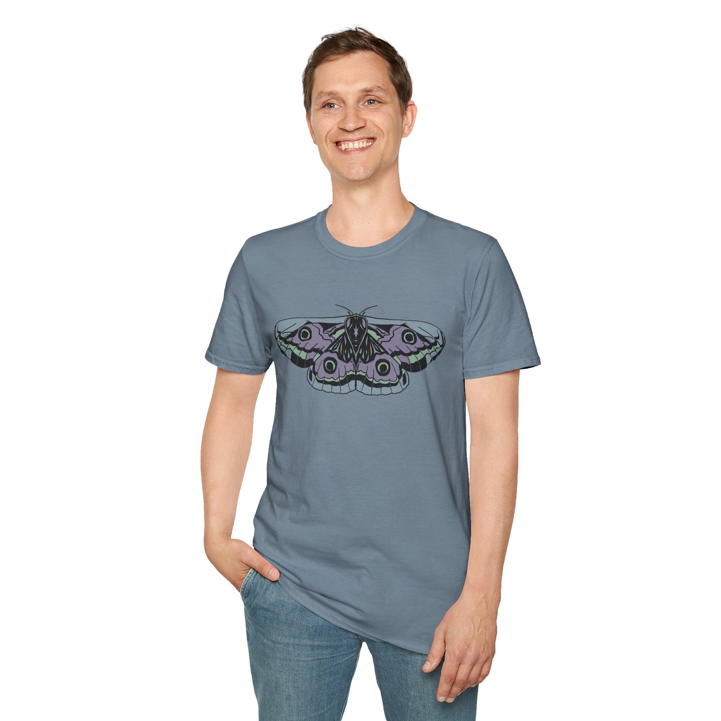 Man wearing a blue t-shirt featuring a drawing of a blue and purple moth.