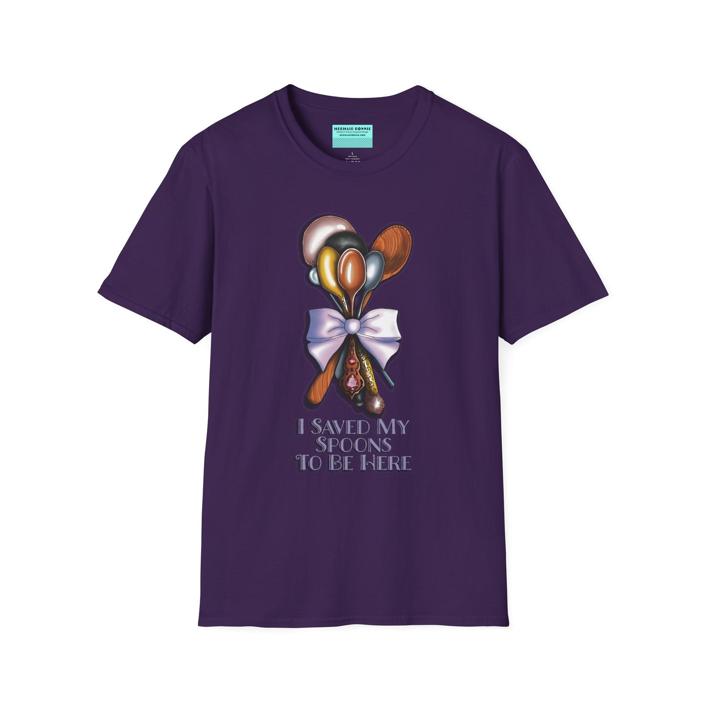 Purple t-shirt with an illustration of a bouquet of spoons and the phrase 'I saved my spoons to be here' printed on the front.