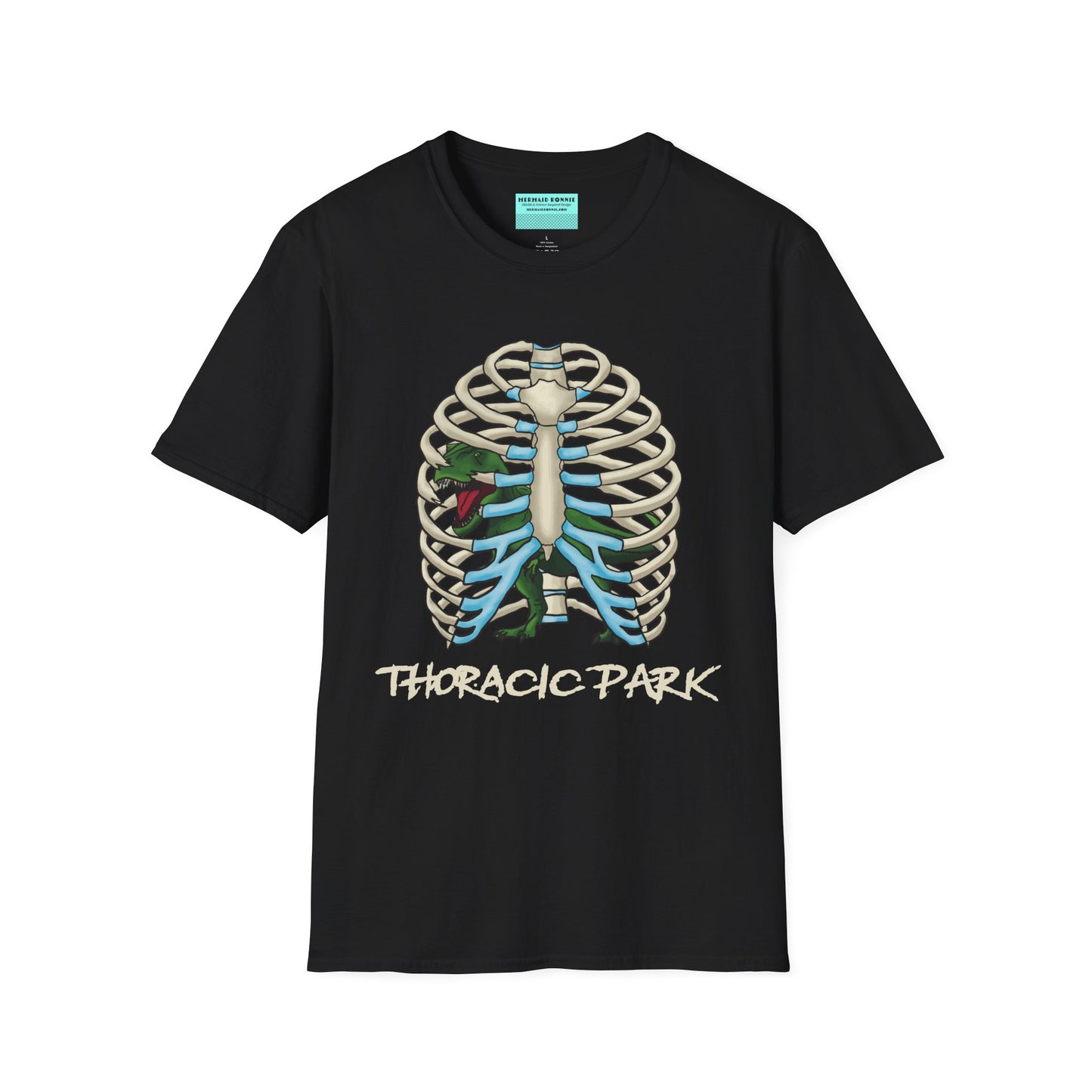 Black unisex short sleeve tee with a clever Jurassic twist—an anatomical rib cage doubles as a prehistoric prison for a tiny T-Rex, with the punny caption "Thoracic Park" below. It's dino-mite meets anatomy class in the best way possible.