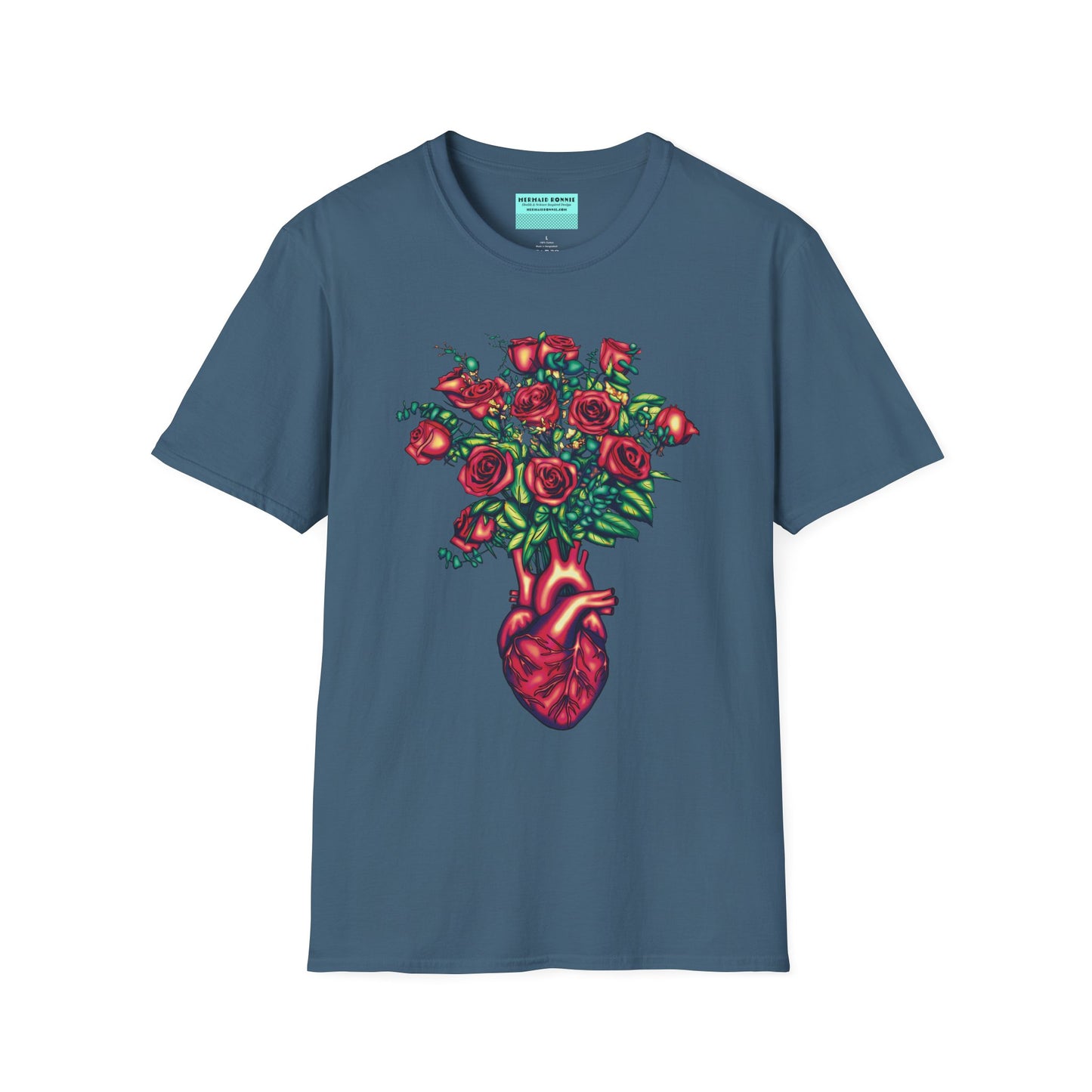 Indigo blue shirt featuring an illustration of an anatomical heart used as a vase, with a bouquet of roses emerging from it.