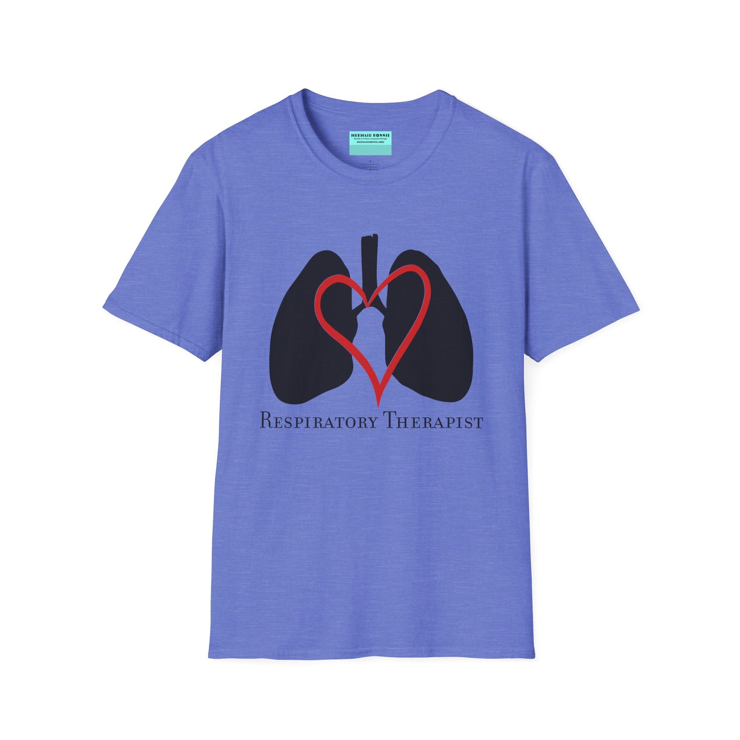 Blue unisex short sleeve t-shirt with a graphic illustration of a heart and lungs; the words "respiratory therapist" are printed below the design.