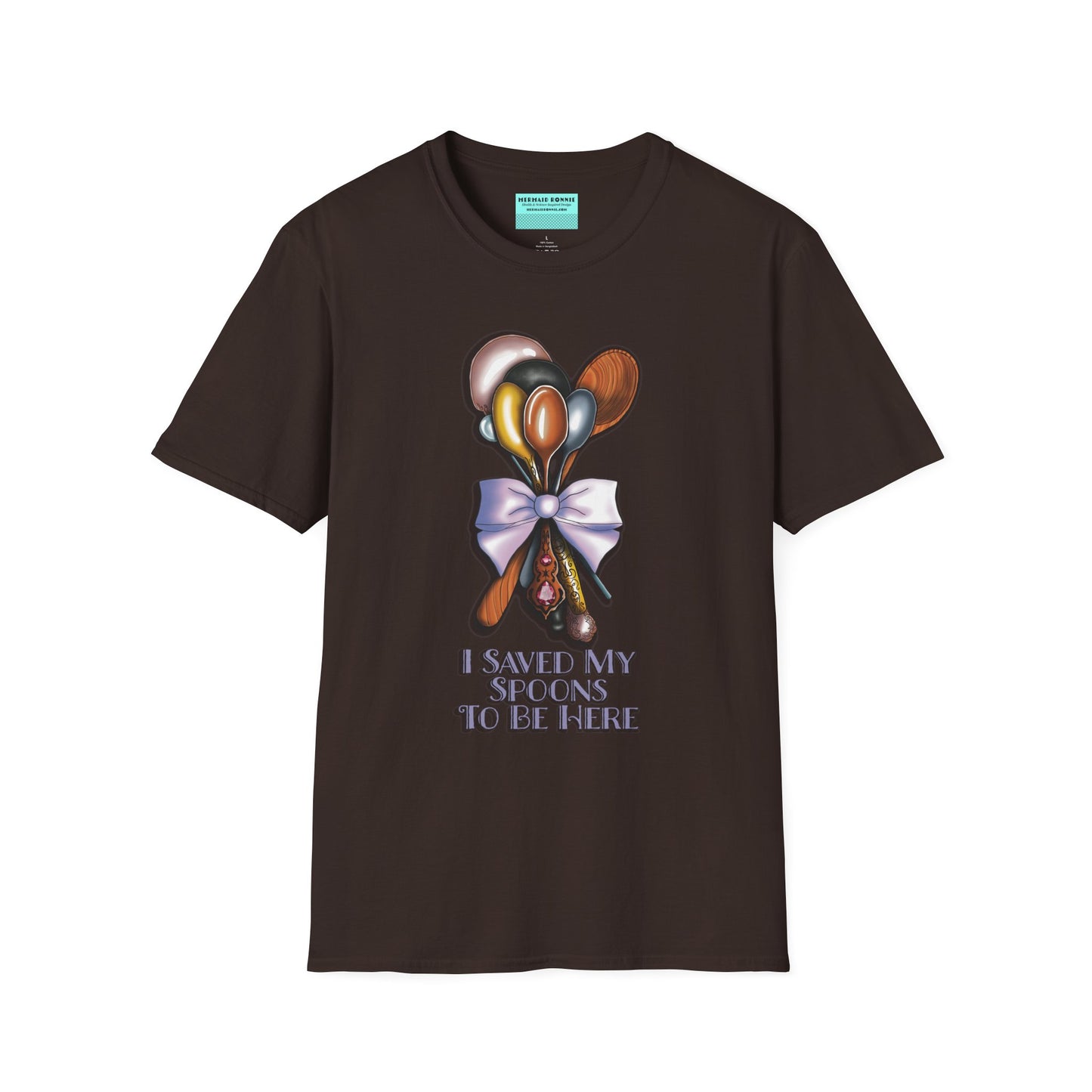 Brown t-shirt with an illustration of a bouquet of spoons and the phrase 'I saved my spoons to be here' printed on the front.