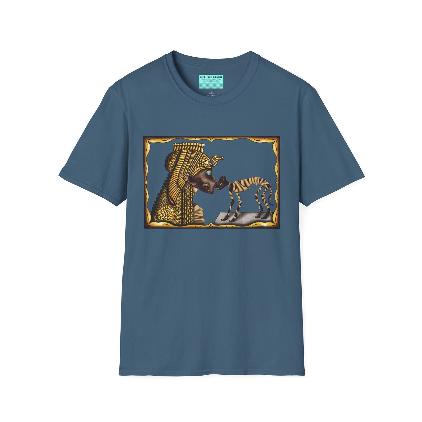 Indigo blue t-shirt featuring an illustration of Cleopatra mummy kissing a cat mummy.