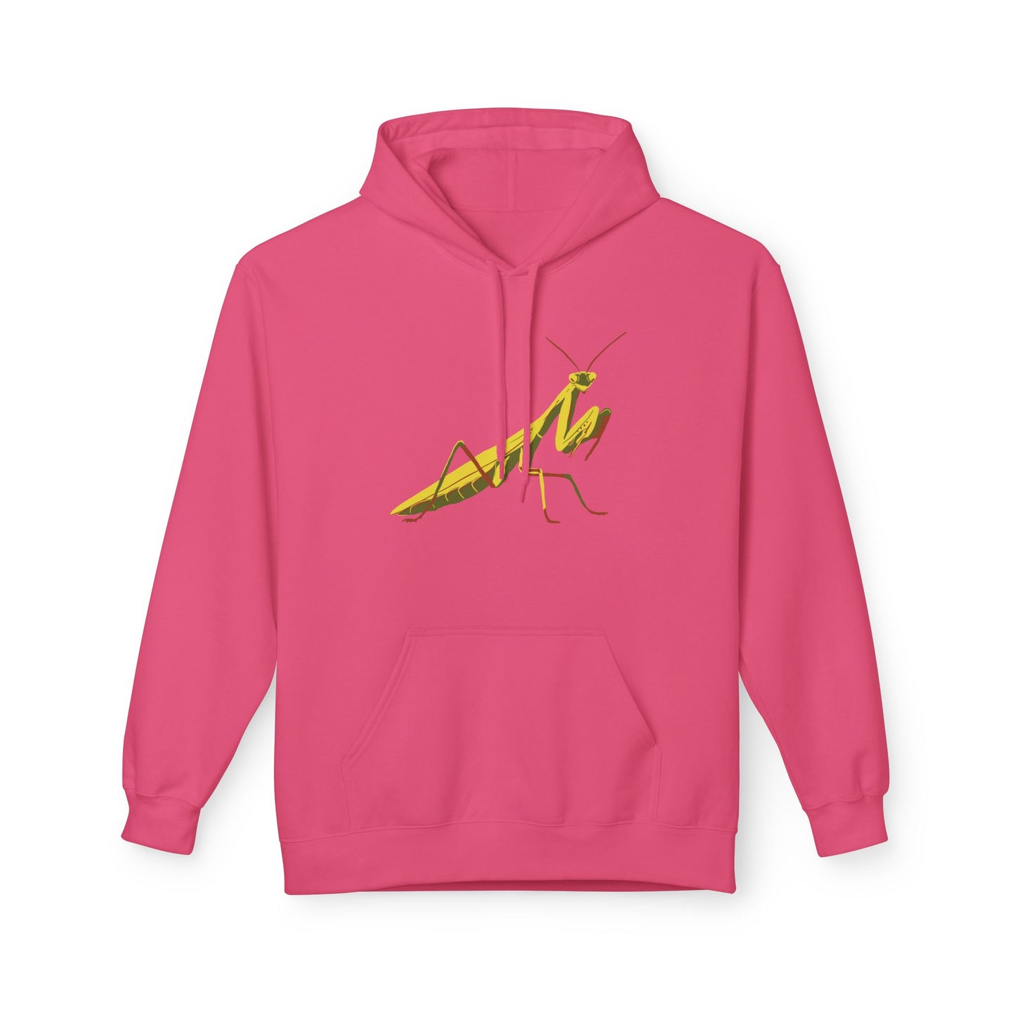 A pink unisex pullover hoodie featuring a striking illustration of a yellow and green praying mantis—because sometimes, you need to channel your inner insect warrior while staying cozy.