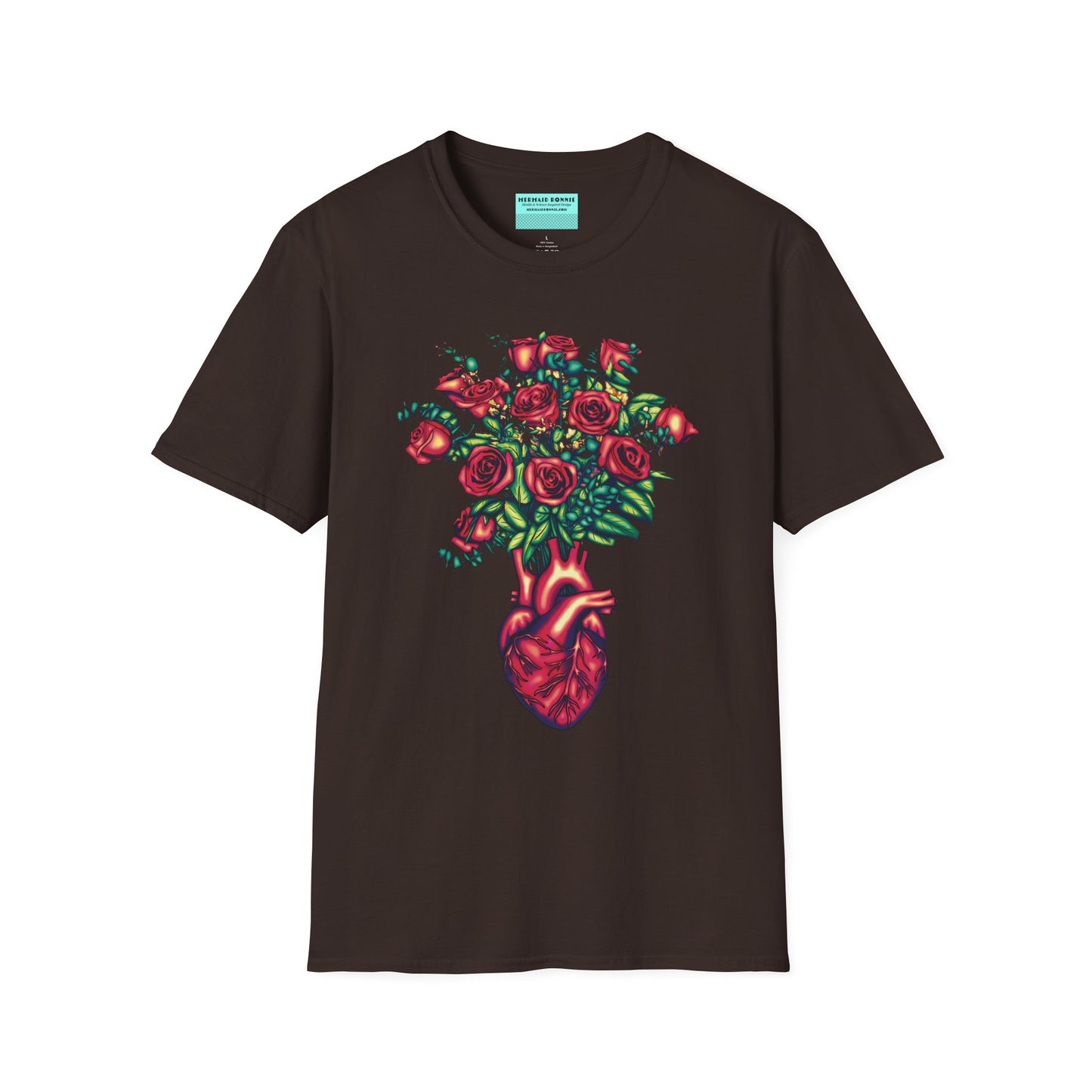 Brown shirt featuring an illustration of an anatomical heart used as a vase, with a bouquet of roses emerging from it.