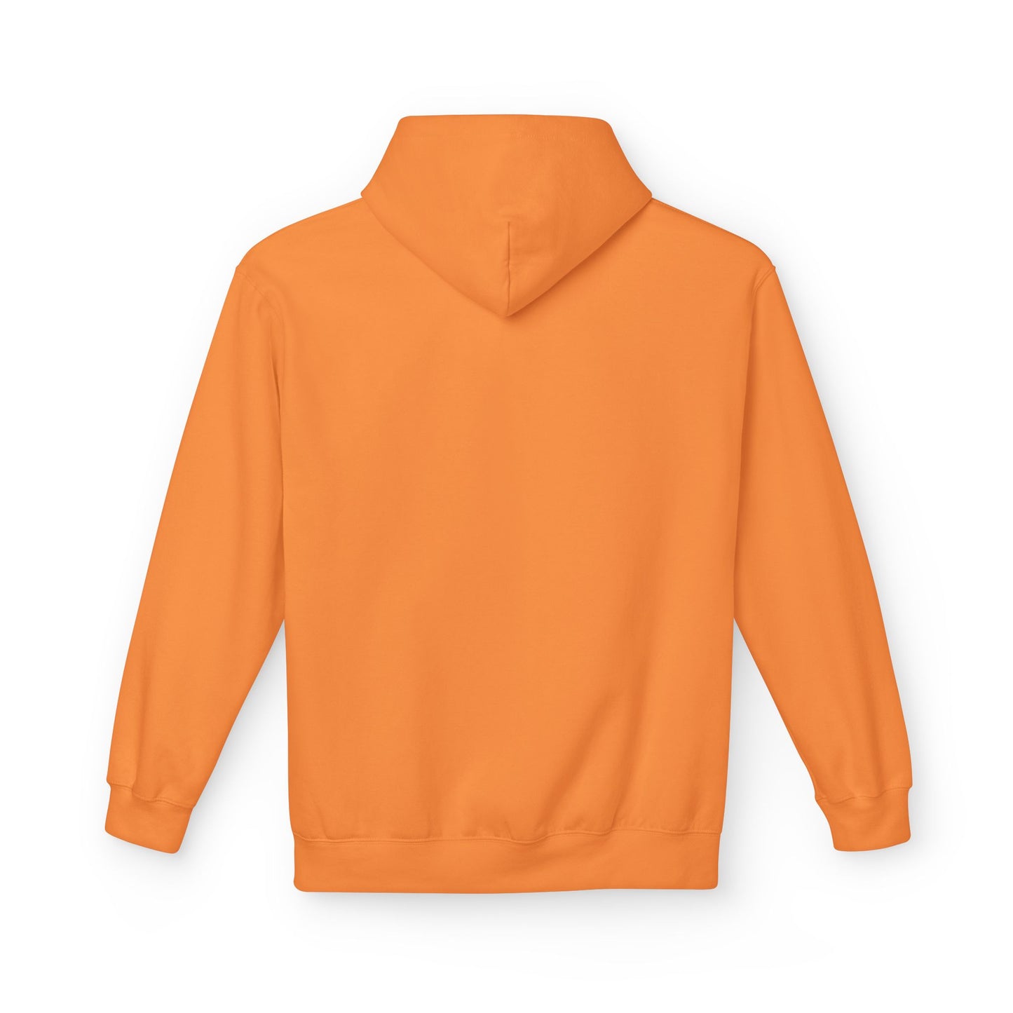 Posterior view of an orange unisex pullover hoodie sweatshirt.