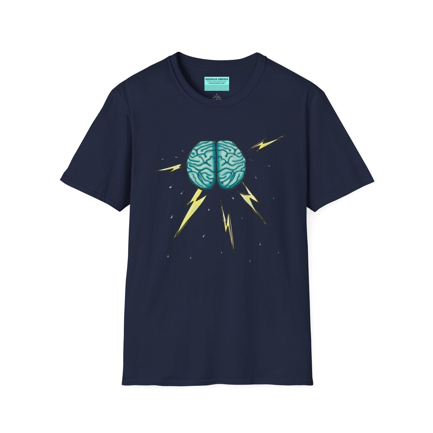 Navy unisex short sleeve tee featuring an illustration of a brain with lightning bolts and rain pouring from it, giving a literal twist to the term "brainstorm"—because sometimes, even the best ideas need a little weathering!