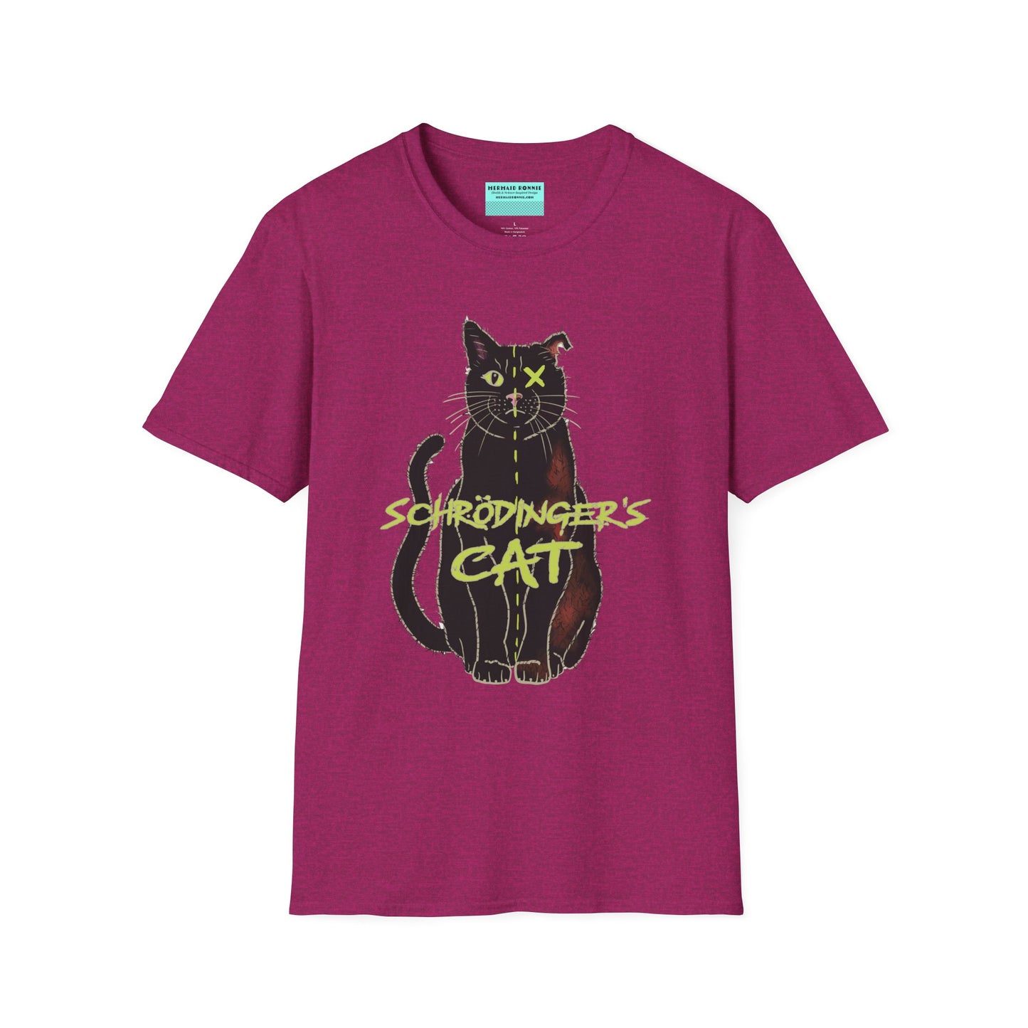 Pink unisex short-sleeve tee featuring the infamous Schrödinger’s cat—half-alive, half-dead, and fully committed to quantum confusion. The feline paradox lounges proudly beneath the words "Schrödinger's Cat," because science jokes are both alive and kicking and six feet under.