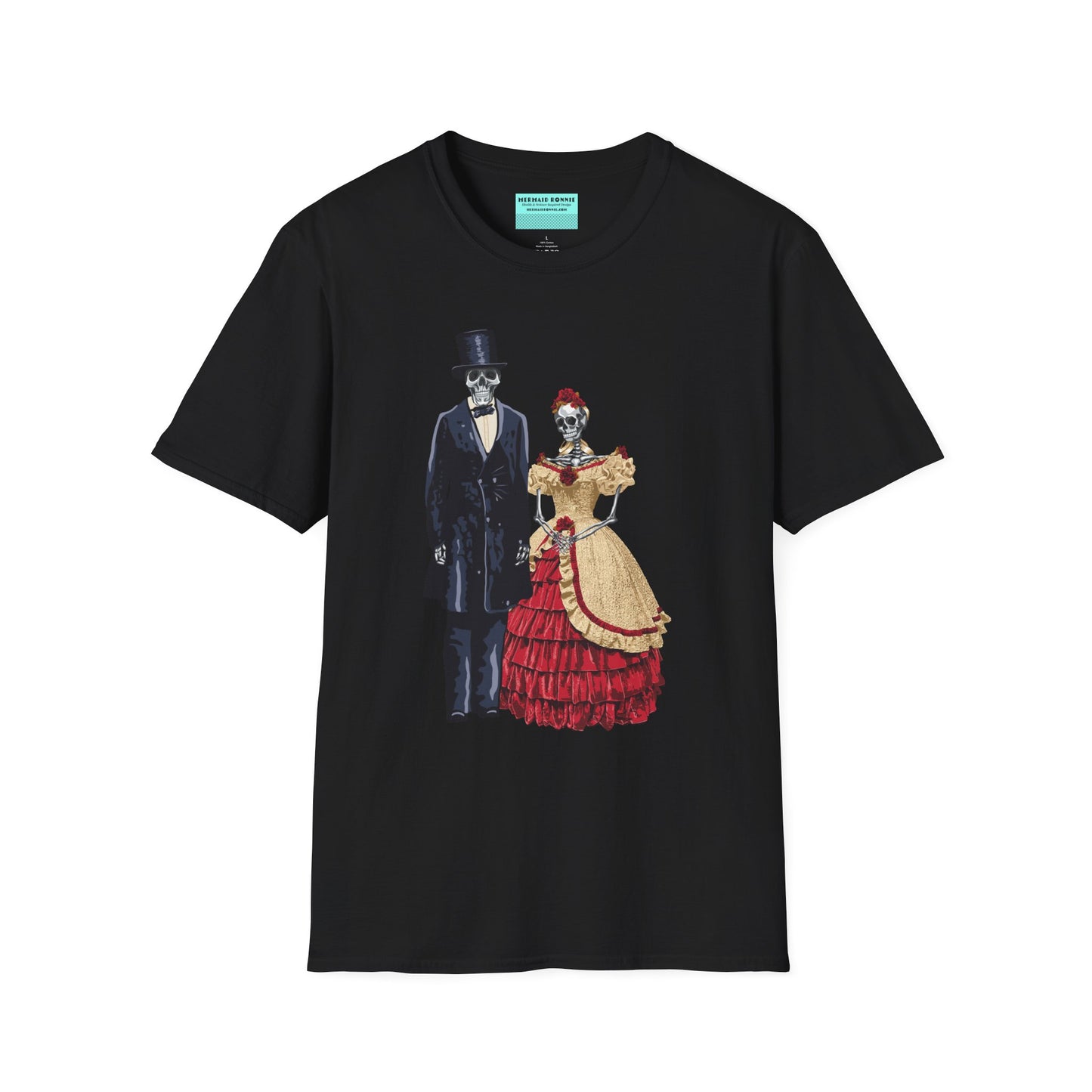 Black t-shirt featuring skeletons dressed as Abraham and Mary Todd Lincoln, with the skeletons wearing period-specific clothing.