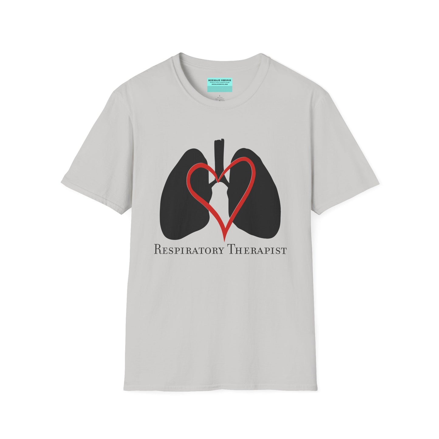 Grey unisex short sleeve t-shirt with a graphic illustration of a heart and lungs; the words "respiratory therapist" are printed below the design.