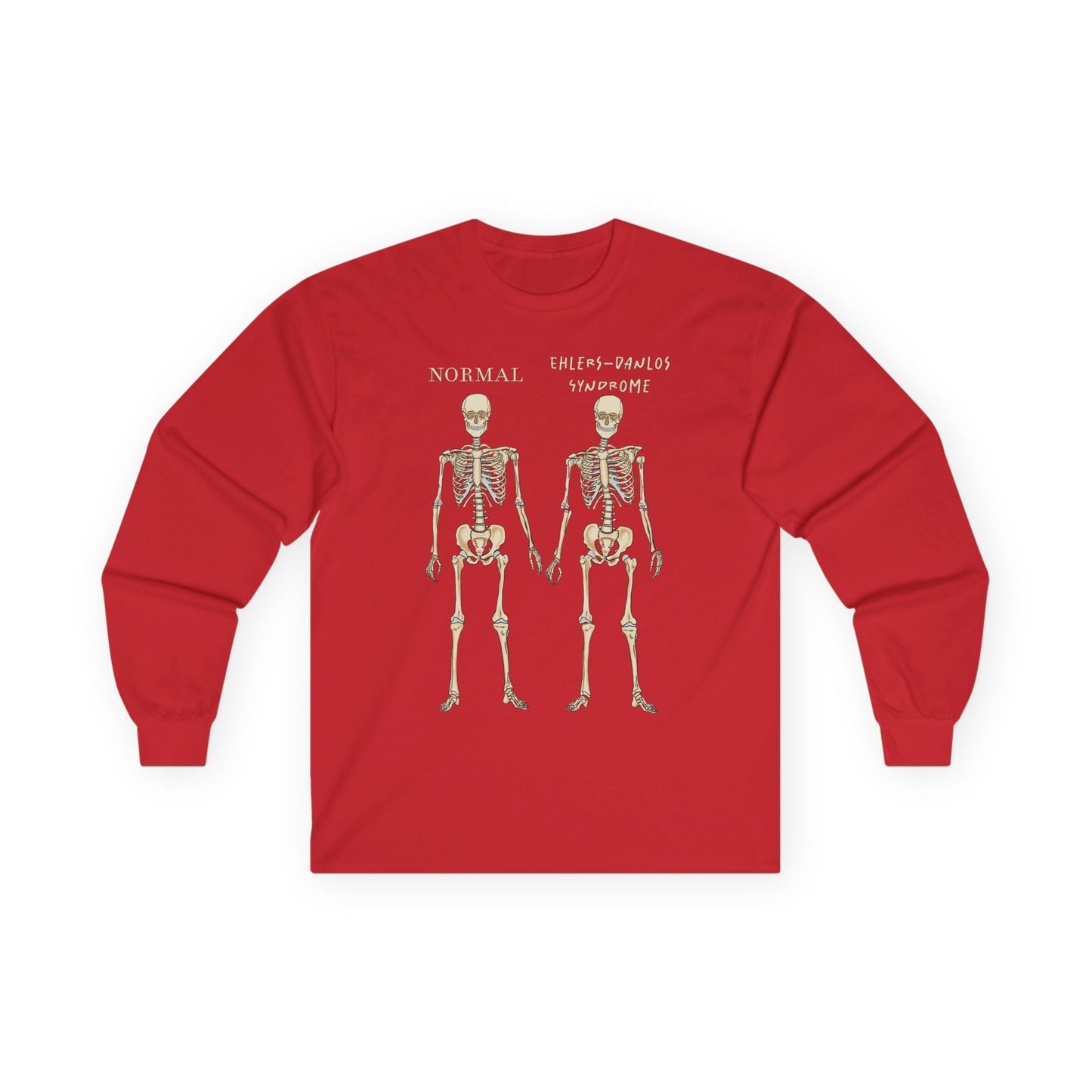 A red long sleeve shirt with two skeletons side by side—one labeled "normal," the other "Ehlers-Danlos Syndrome"—visually showcasing the effects of EDS with a clever, anatomy-inspired twist.