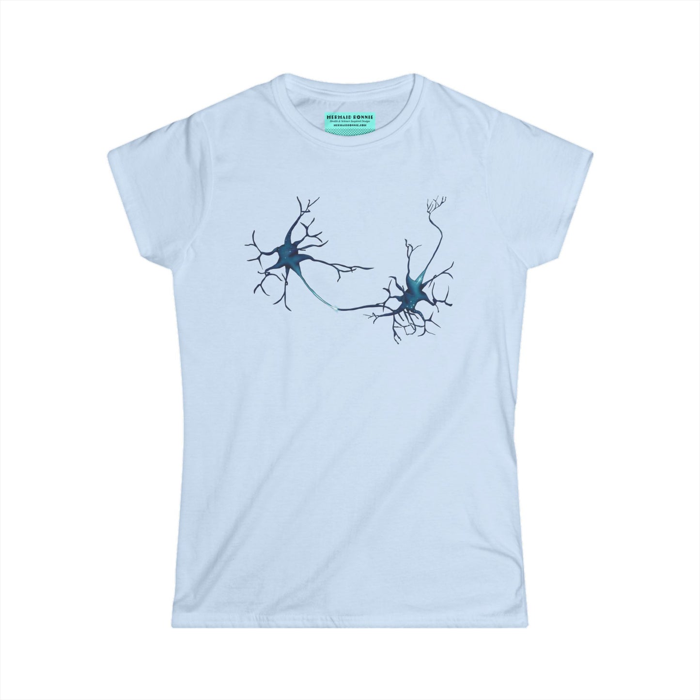 Women’s t-shirt in light blue featuring an illustration of two multipolar neurons forming a synapse.