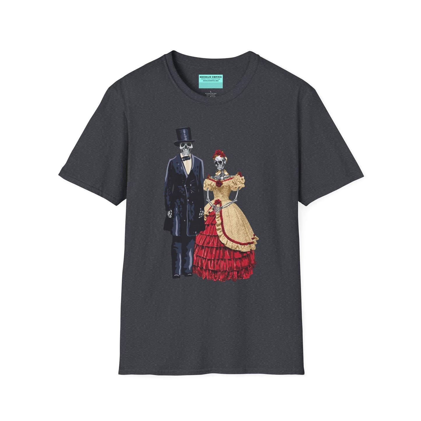 Grey t-shirt featuring skeletons dressed as Abraham and Mary Todd Lincoln, with the skeletons wearing period-specific clothing.