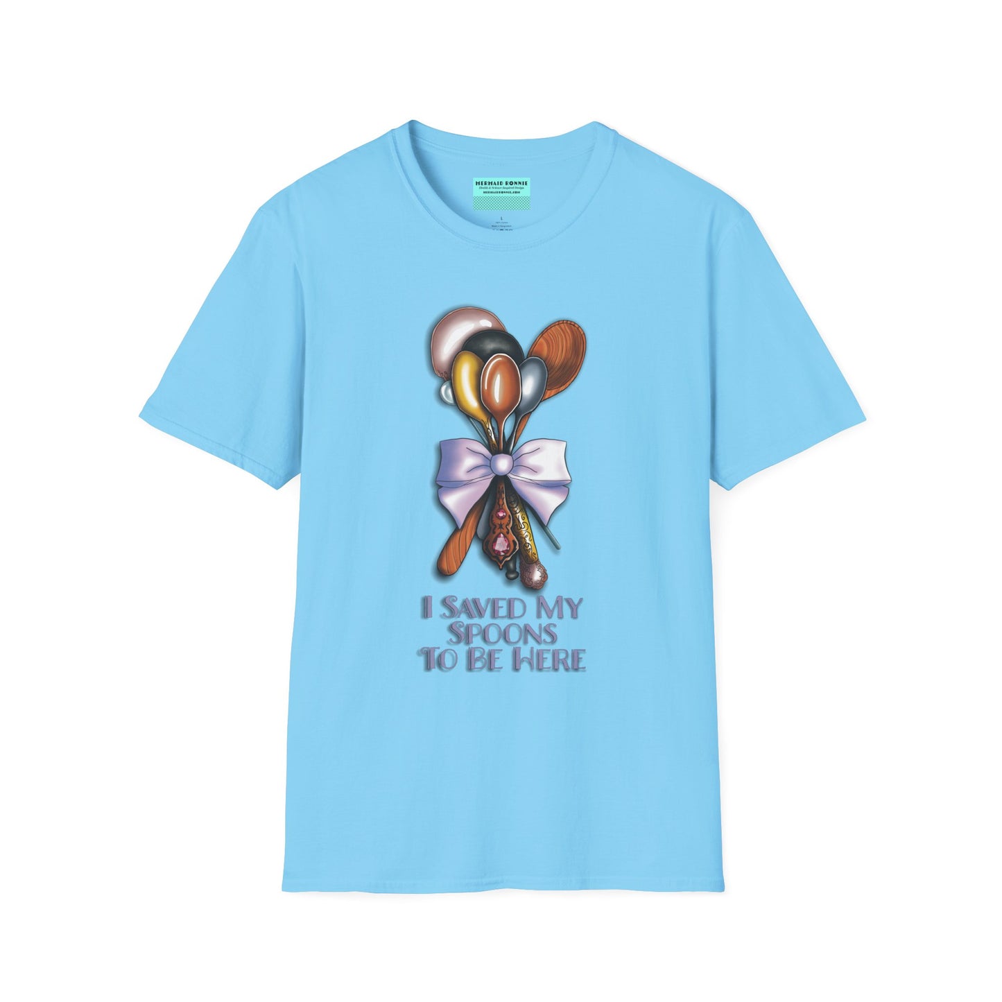 Blue t-shirt with an illustration of a bouquet of spoons and the phrase 'I saved my spoons to be here' printed on the front.