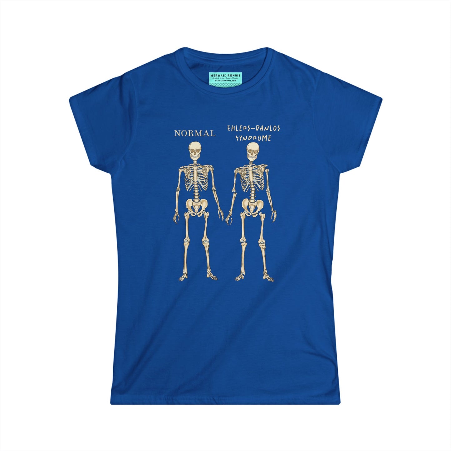 Women’s t-shirt in royal blue with two skeletons side by side. The first is labeled 'Normal' and the second is labeled 'Ehlers-Danlos Syndrome,' visually illustrating the skeletal effects of EDS.