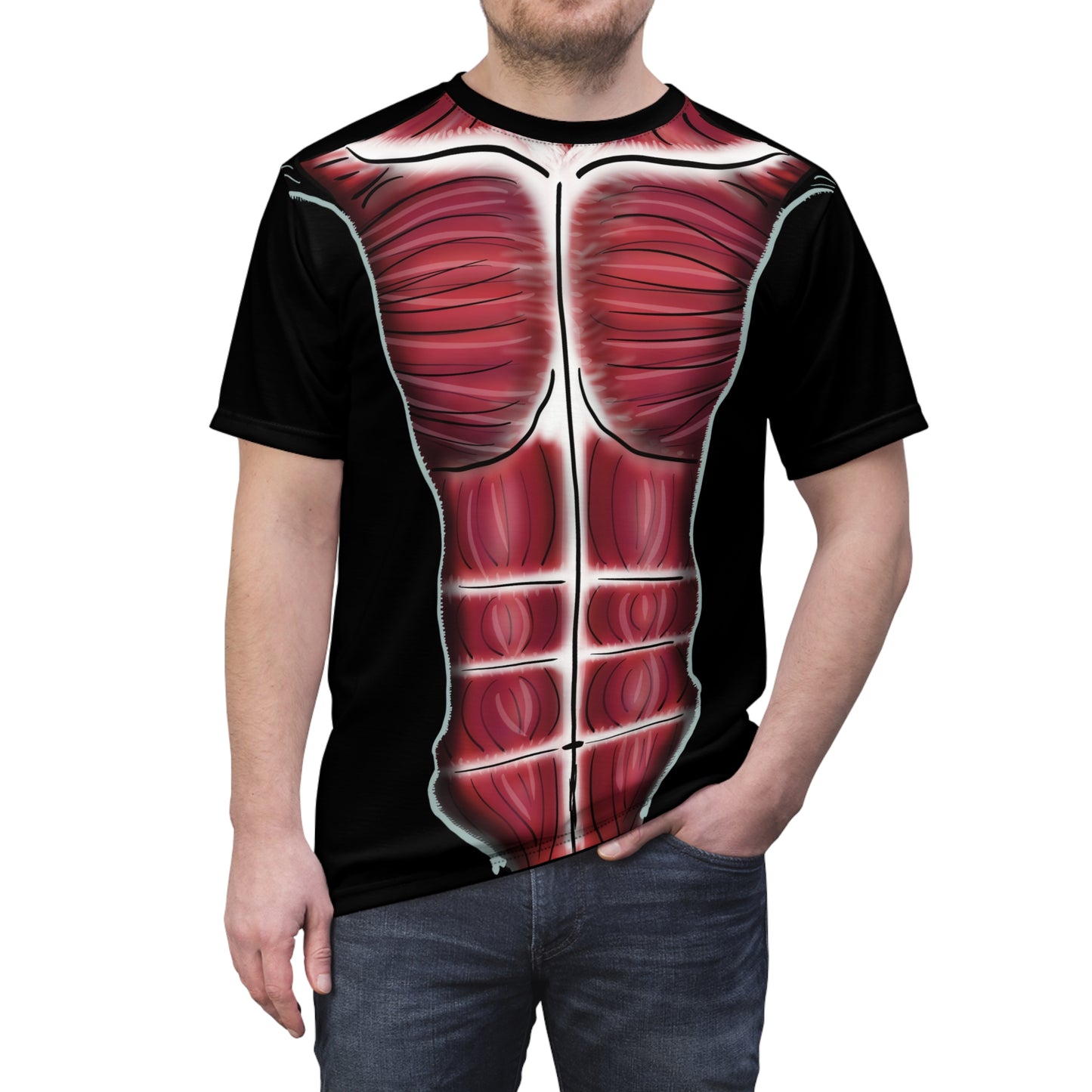 Anterior view of a man wearing a unisex black athletic t-shirt featuring a clever graphic of a zippered hoodie peeled open to reveal detailed trunk musculature underneath—because who needs X-ray vision when your shirt does the flexing for you?