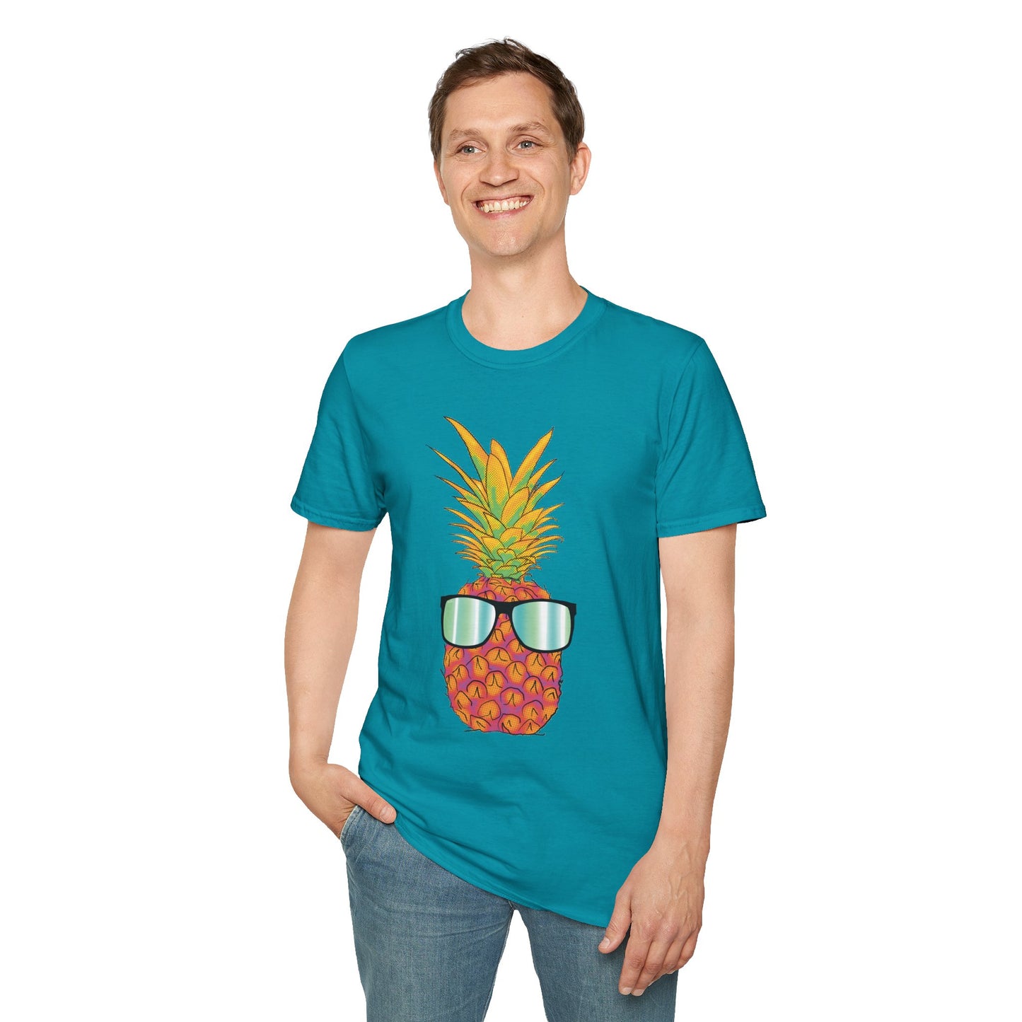 Man wearing a blue t-shirt featuring a drawing of a pineapple wearing sunglasses.