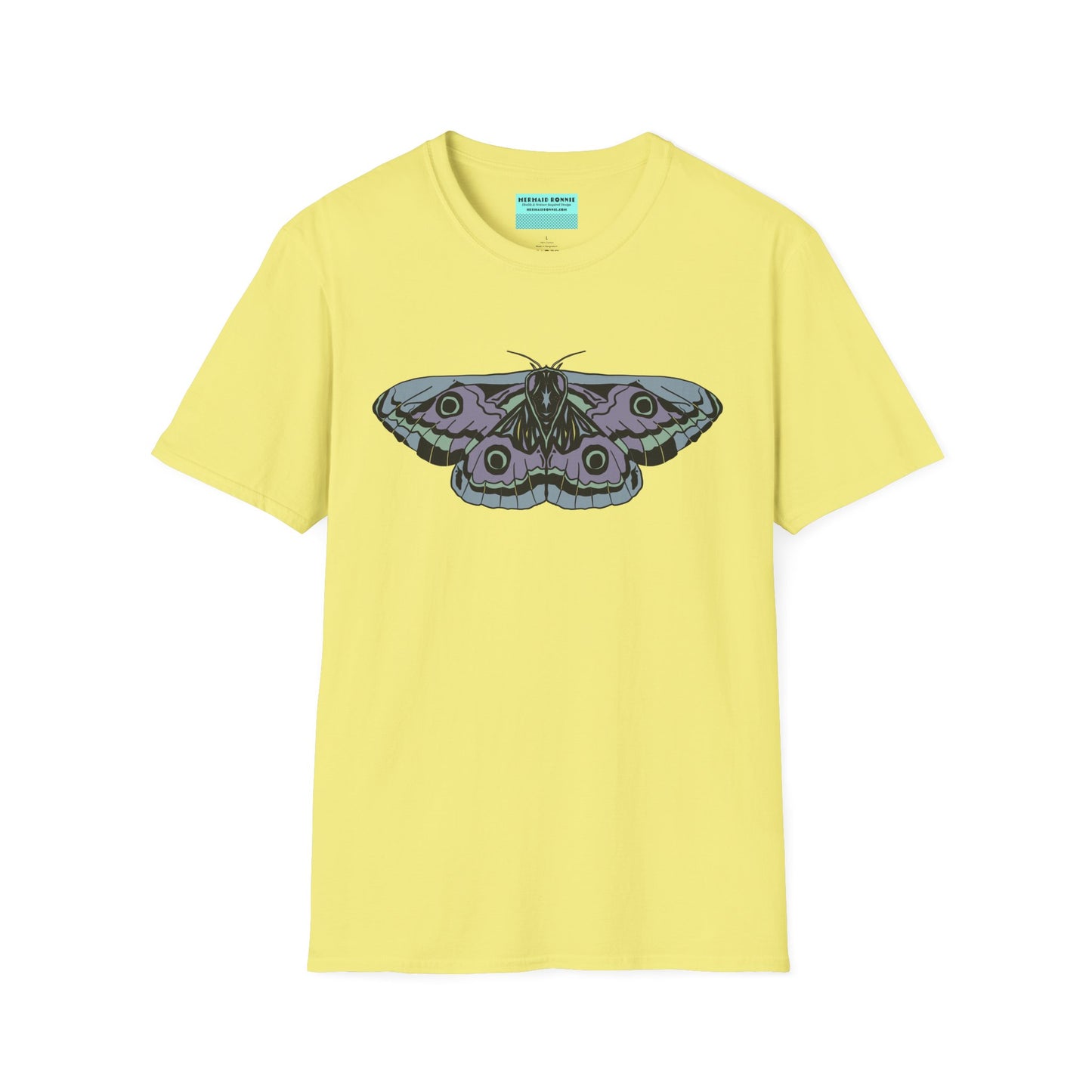 Yellow t-shirt featuring a drawing of a blue and purple moth.