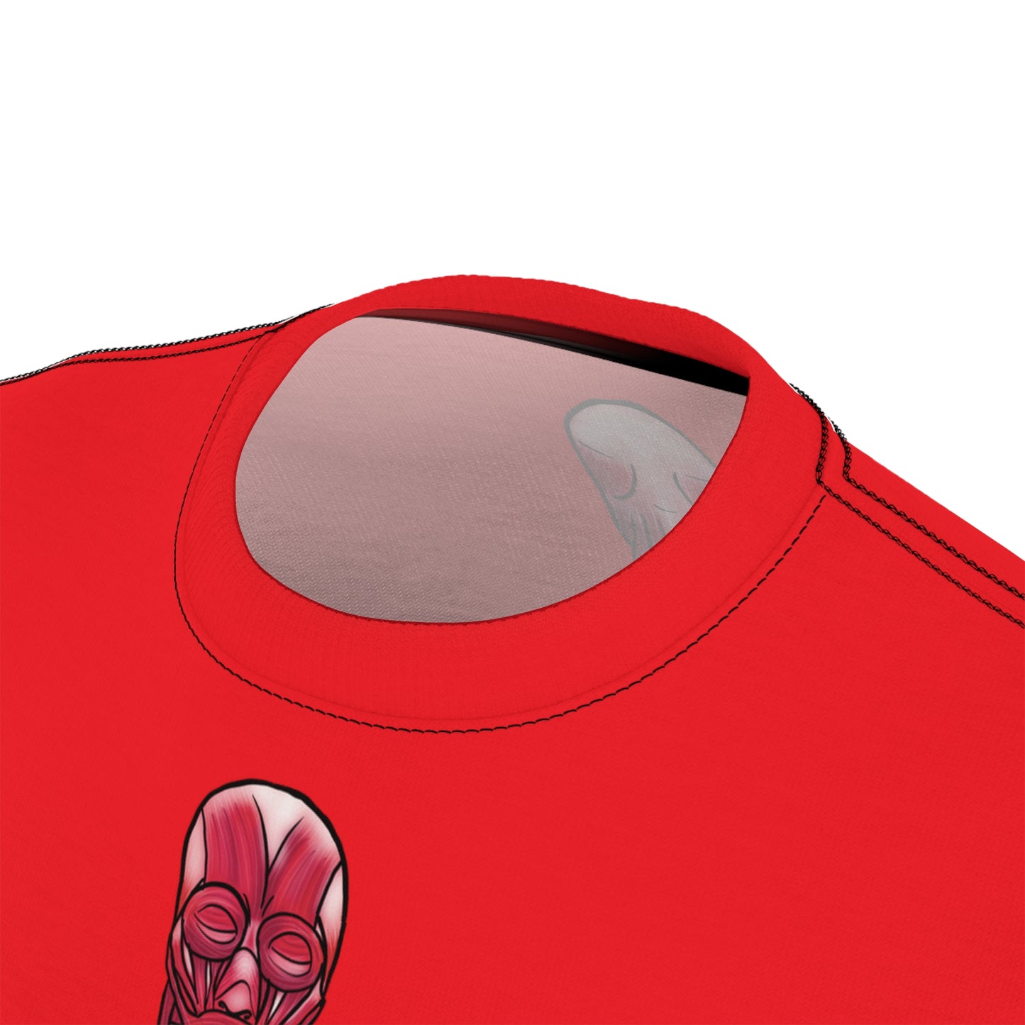A close view of the collar of a red athletic t-shirt featuring a detailed anterior view diagram of the human muscular system printed on the front.