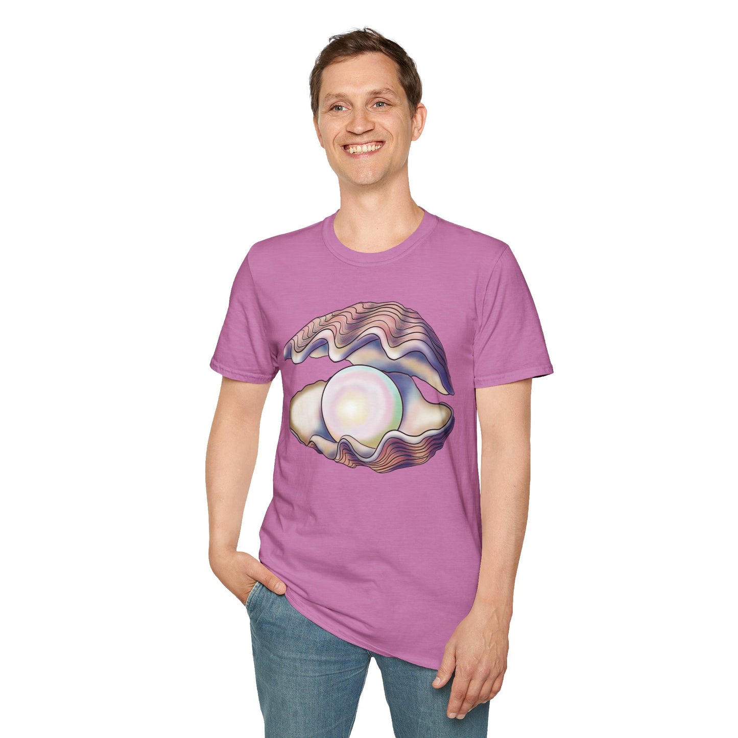 Man wearing a light purple t-shirt featuring an illustration of a large oyster with a luminescent pearl inside.