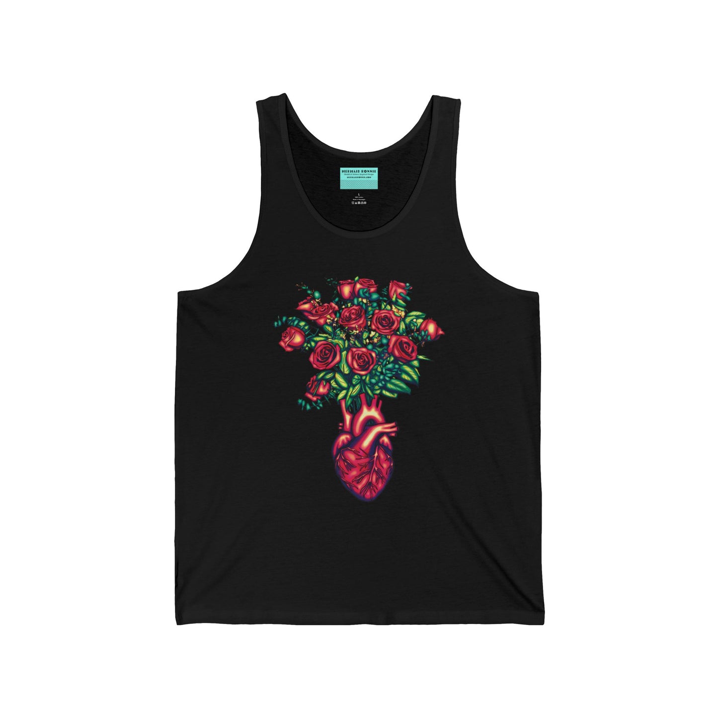 Black unisex tank top featuring an illustration of an anatomical heart used as a vase, with a bouquet of red roses blooming from the top.