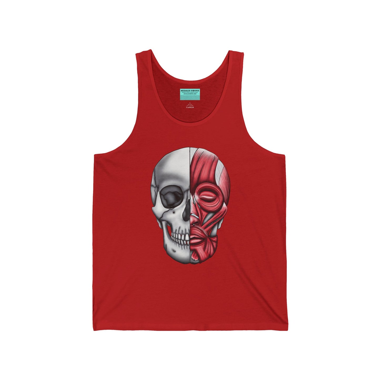 A red unisex adult tank top with a detailed anatomical skull, half showing the bones and the other half revealing the facial muscles—because who doesn’t want to wear a little “muscle” with their style?