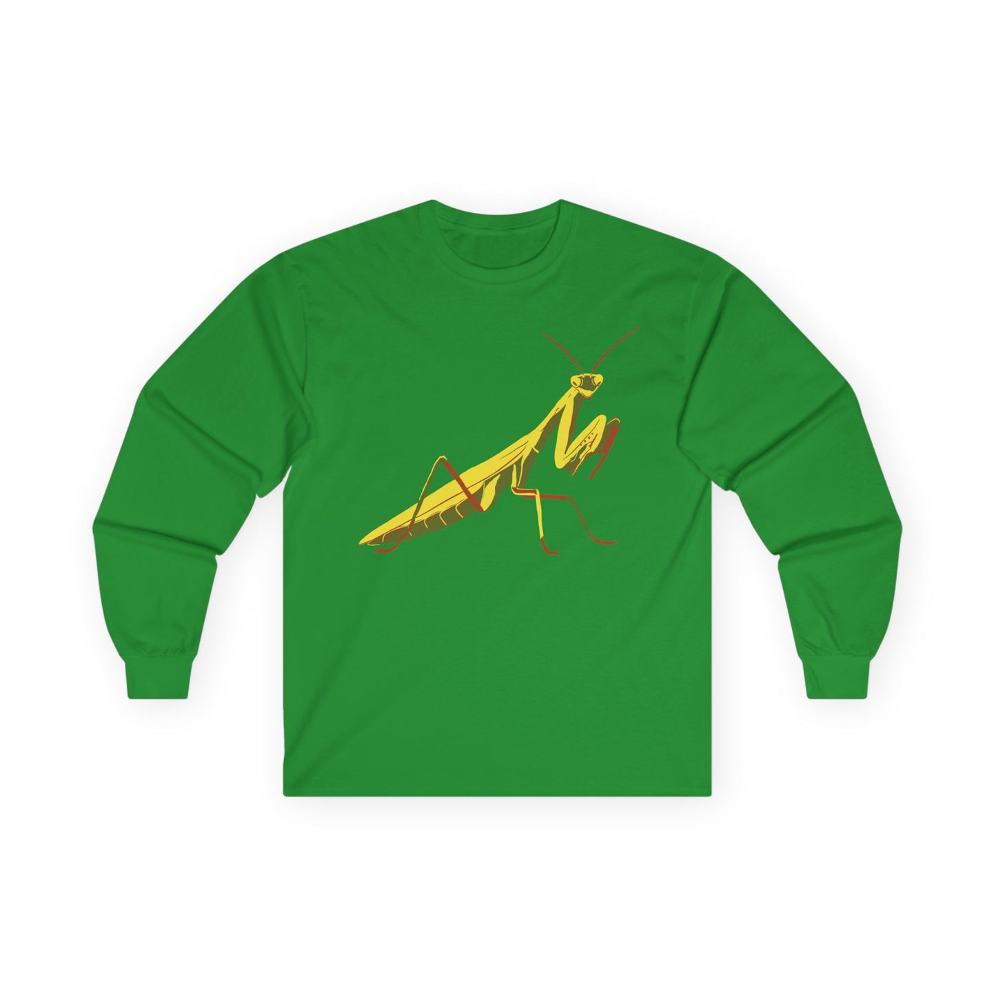 Long sleeve unisex green shirt featuring an illustration of a yellow and green praying mantis insect on the front.