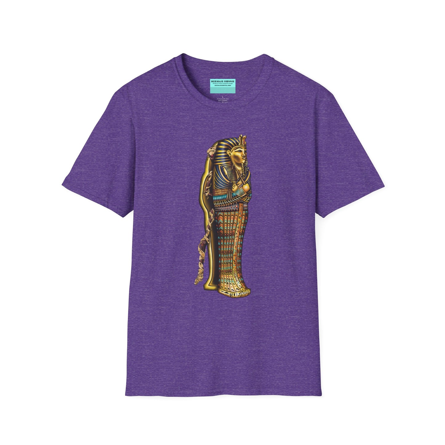 Purple t-shirt featuring an illustration of an Egyptian sarcophagus, with a mummy stepping out of it and glowing red eyes.