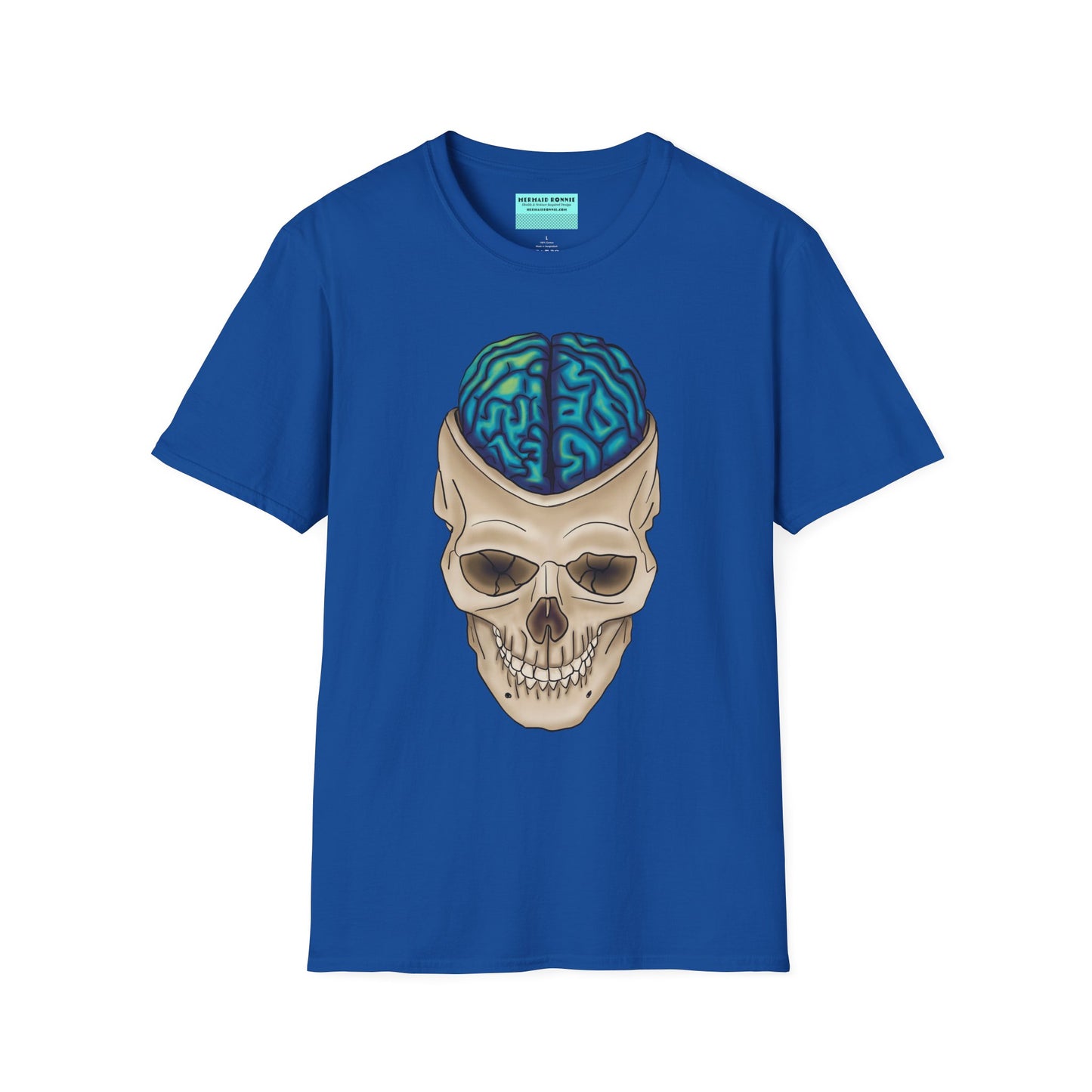 Royal blue t-shirt featuring a drawing of an anatomical skull, with a brain emerging from the top.