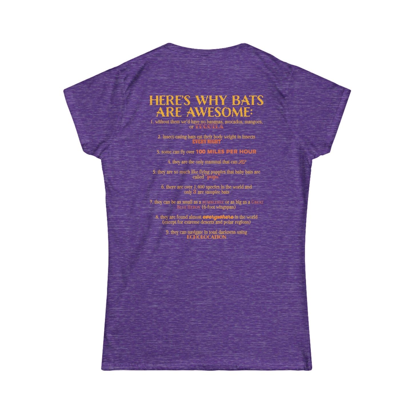 Back of a women’s t-shirt in heather purple, with the heading 'Here’s why bats are awesome' followed by a list of nine bat facts printed beneath it.