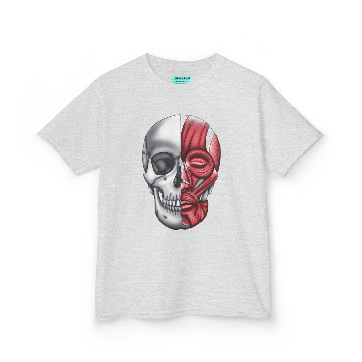 Kids' t-shirt in light grey featuring an anatomical drawing of a human skull, with facial muscles illustrated on one half of the skull.