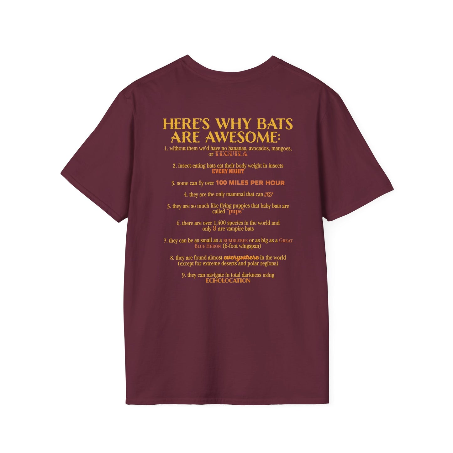 Back of a burgundy t-shirt that reads “Here’s why bats are awesome,” followed by a fun list of 9 bat facts—because who doesn’t want wearable proof that bats are the underrated rockstars of the animal kingdom?